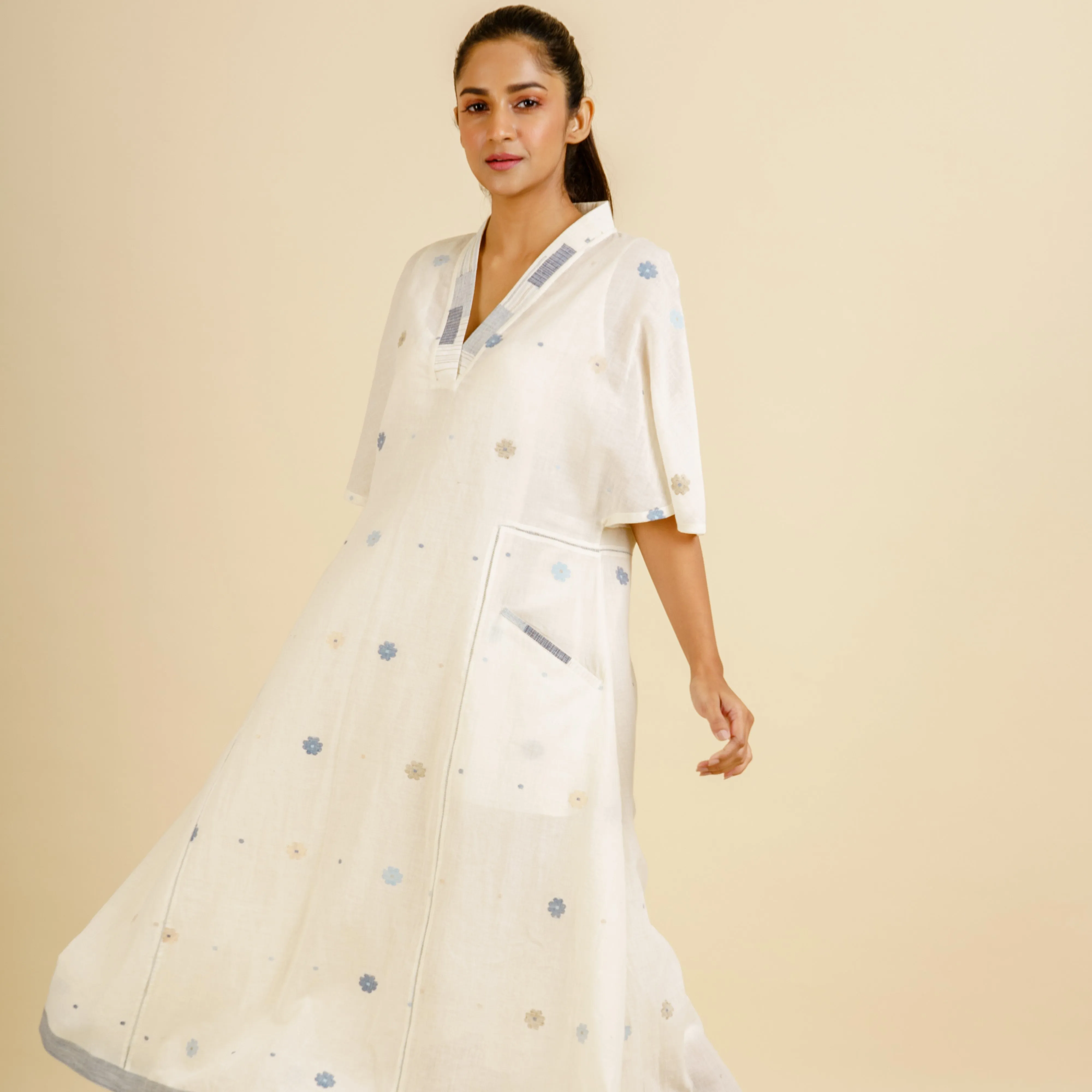 India, Karomi Crafts & Textiles, Off-White Sishumi Jamdani Patchwork Dress