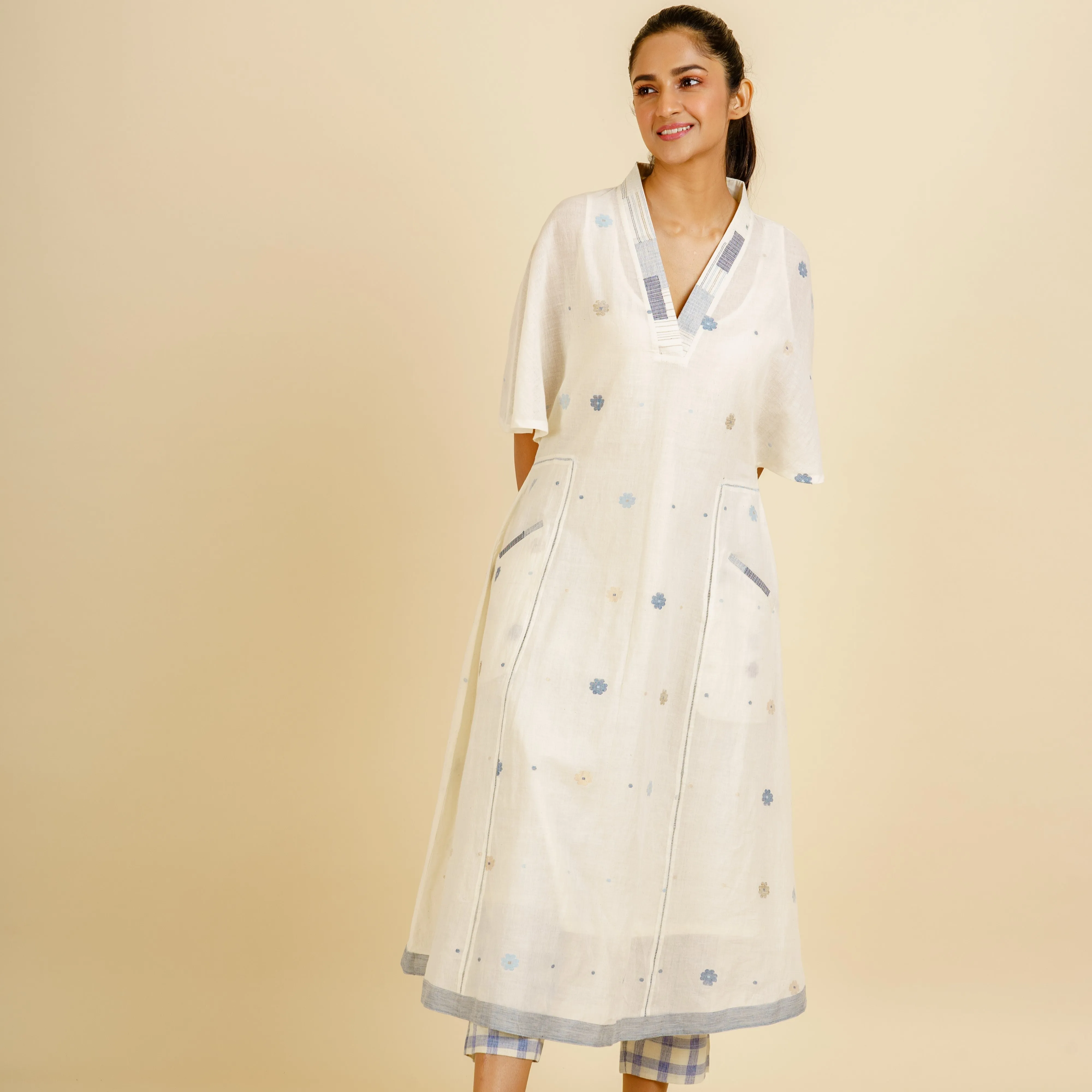 India, Karomi Crafts & Textiles, Off-White Sishumi Jamdani Patchwork Dress