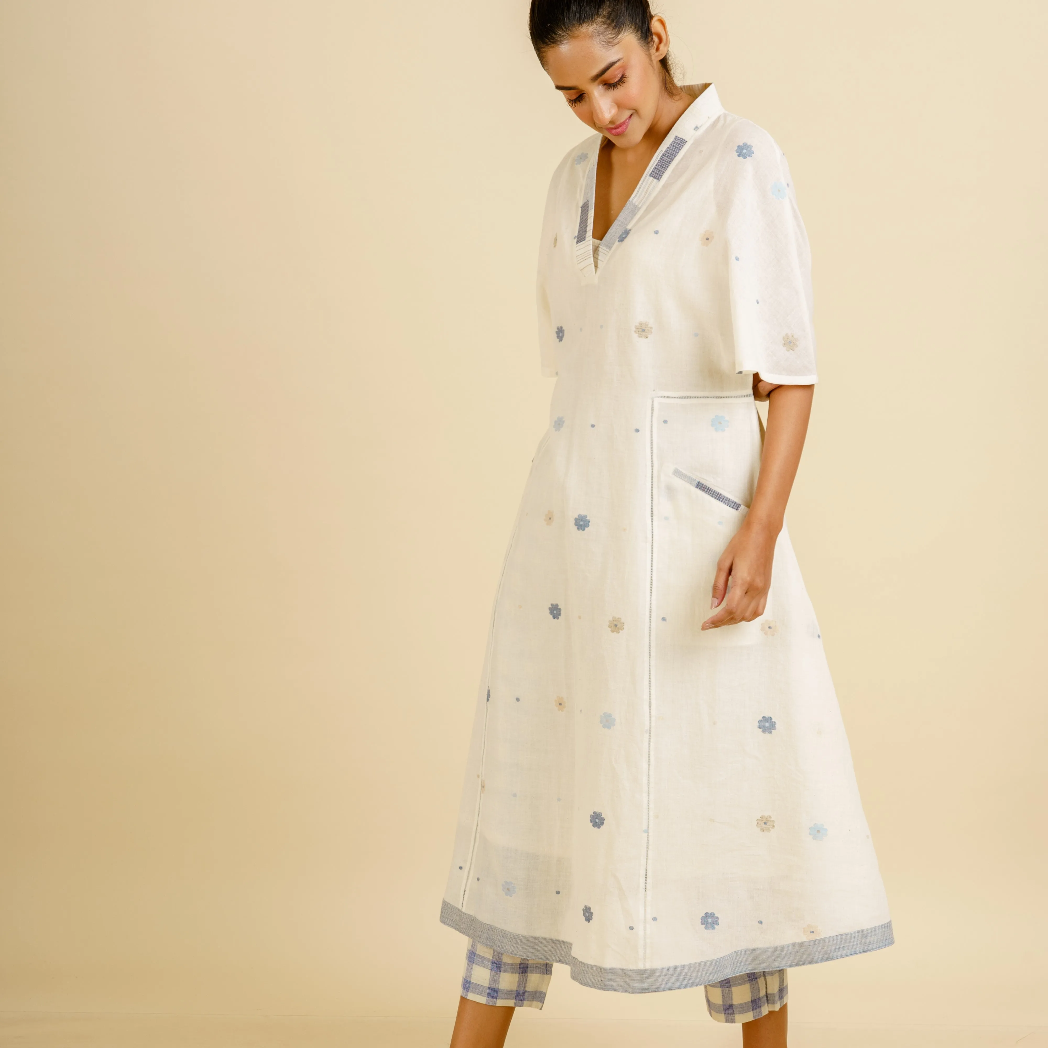 India, Karomi Crafts & Textiles, Off-White Sishumi Jamdani Patchwork Dress