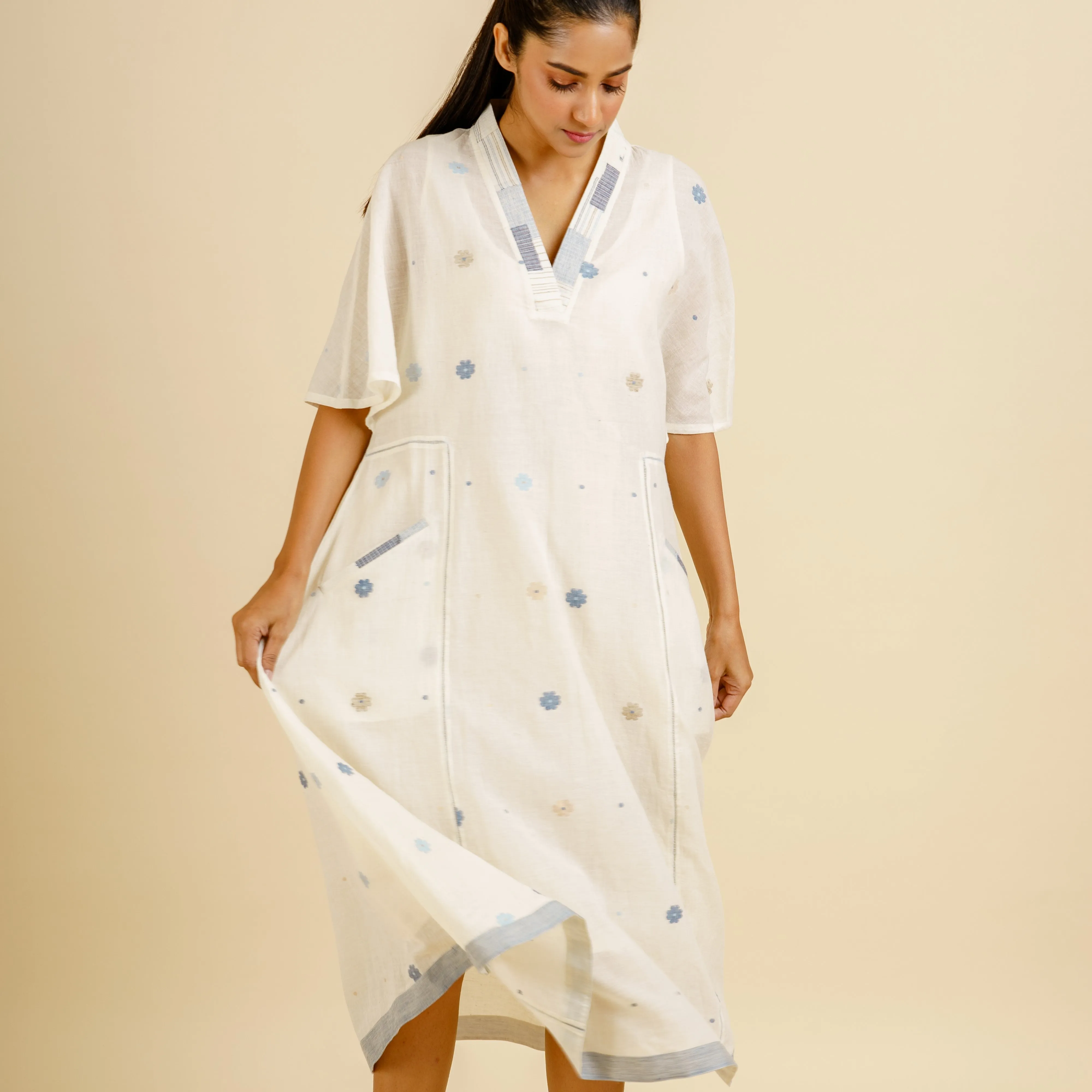 India, Karomi Crafts & Textiles, Off-White Sishumi Jamdani Patchwork Dress