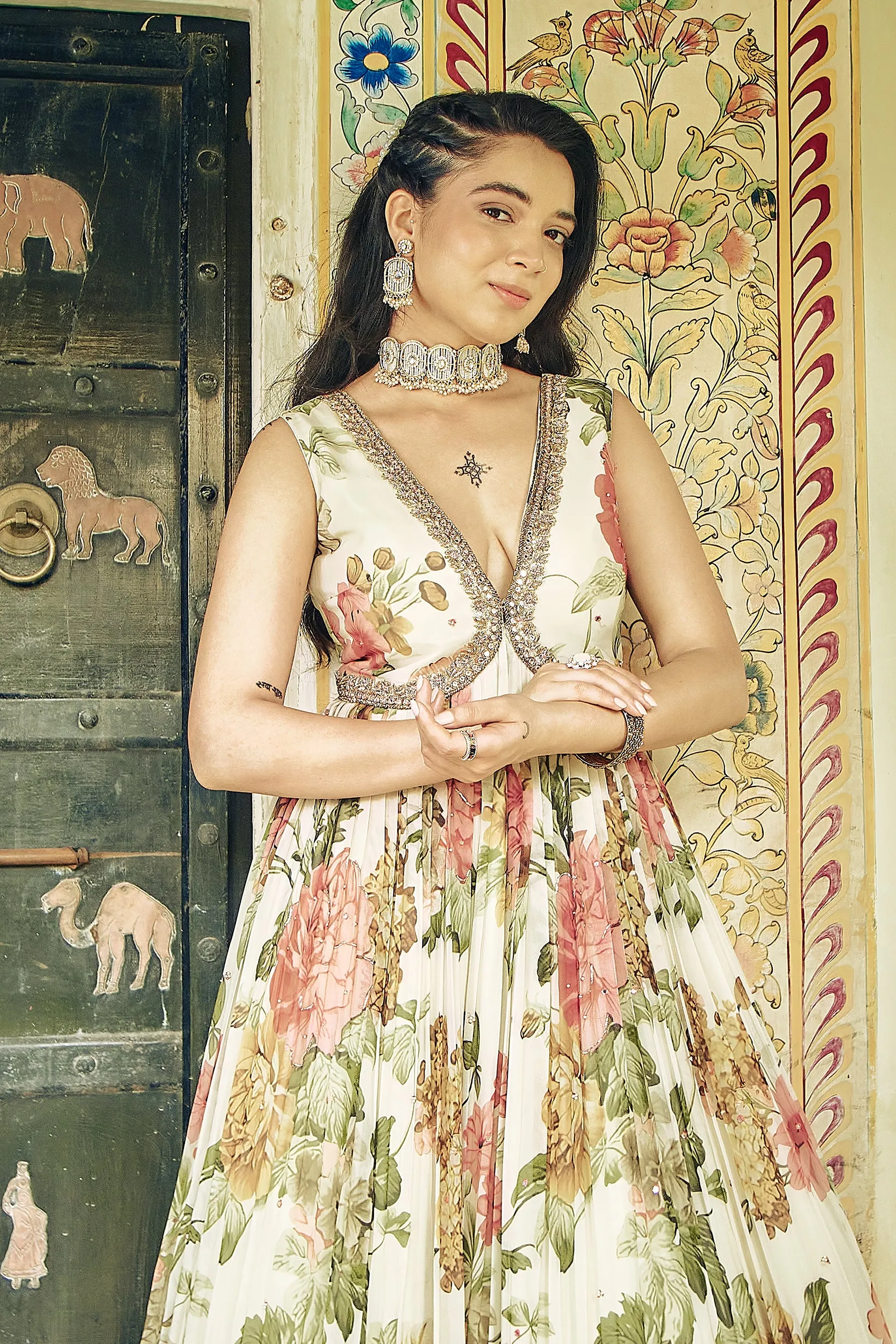 Ivory Floral Anarkali Dress with Shimmering Details