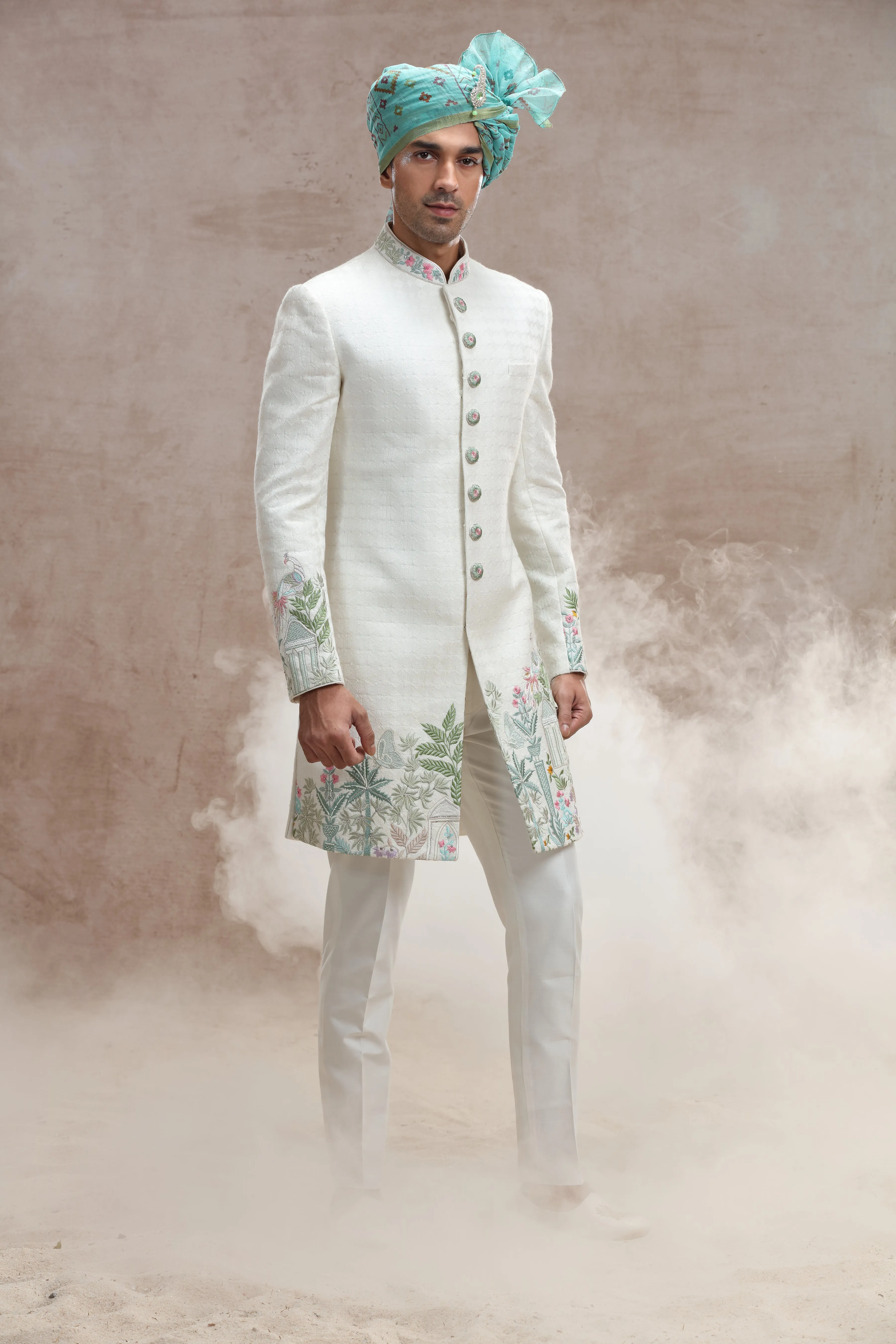 Ivory Silk Indo Western with Jungle-Themed Thread Work