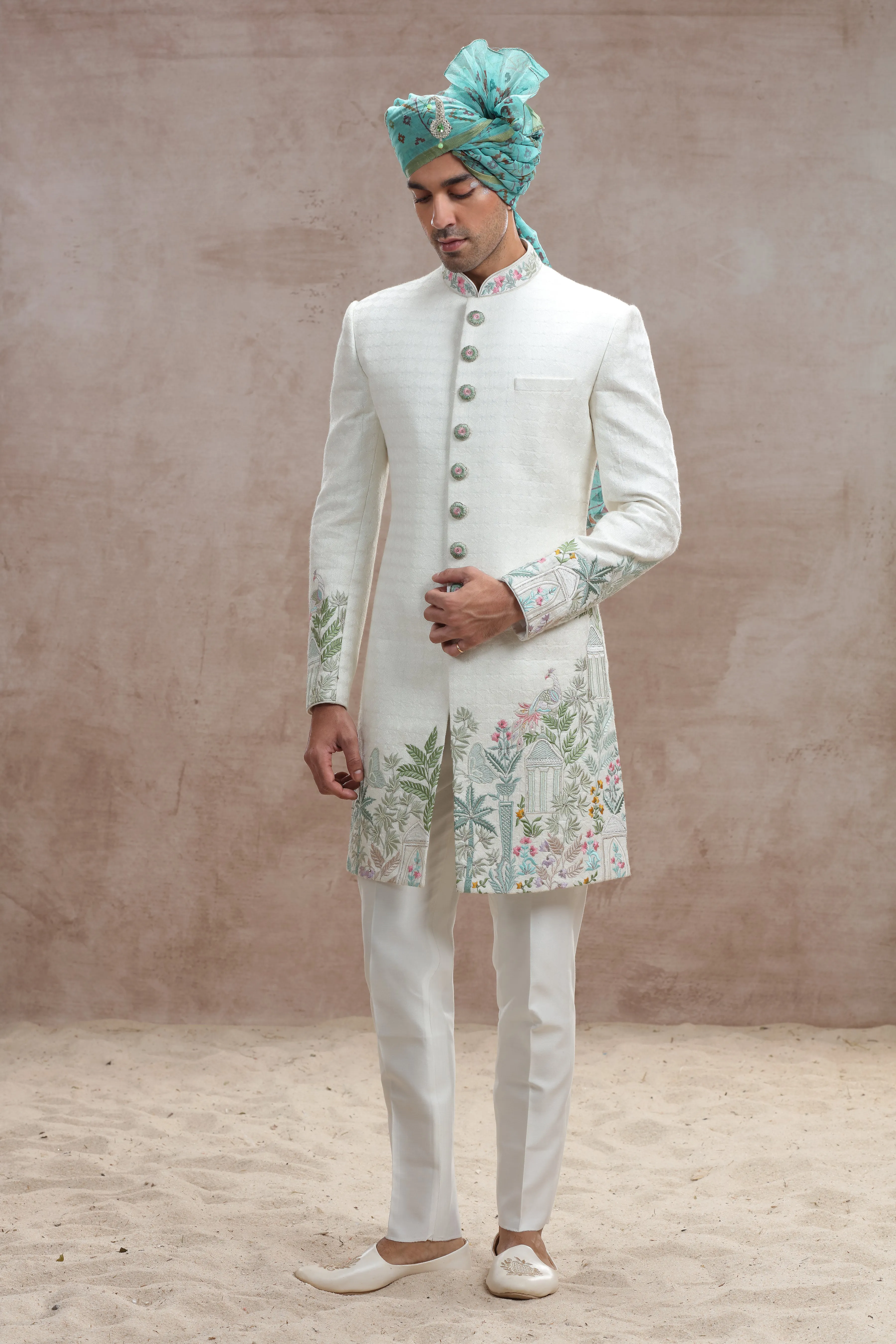 Ivory Silk Indo Western with Jungle-Themed Thread Work