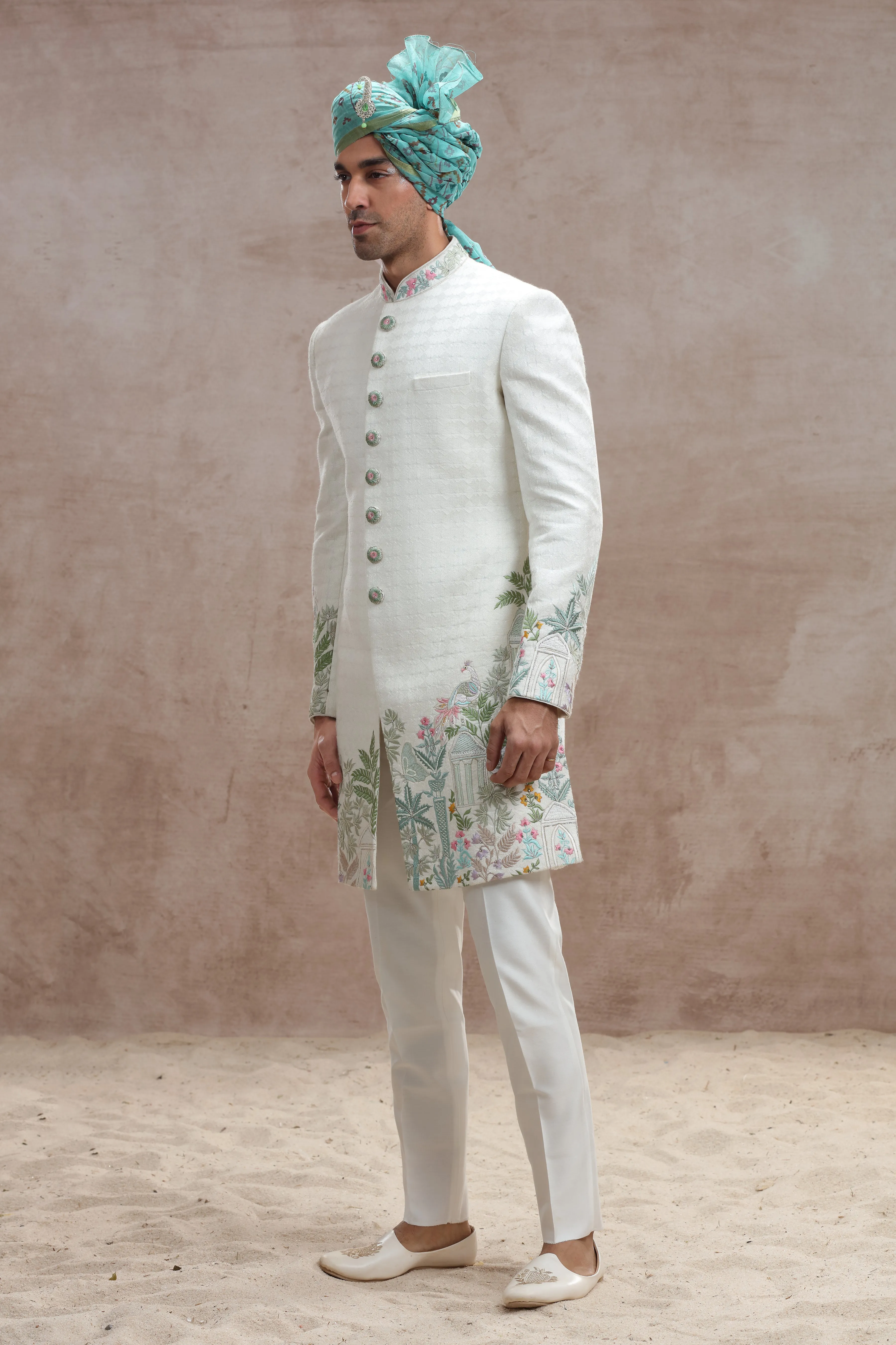 Ivory Silk Indo Western with Jungle-Themed Thread Work