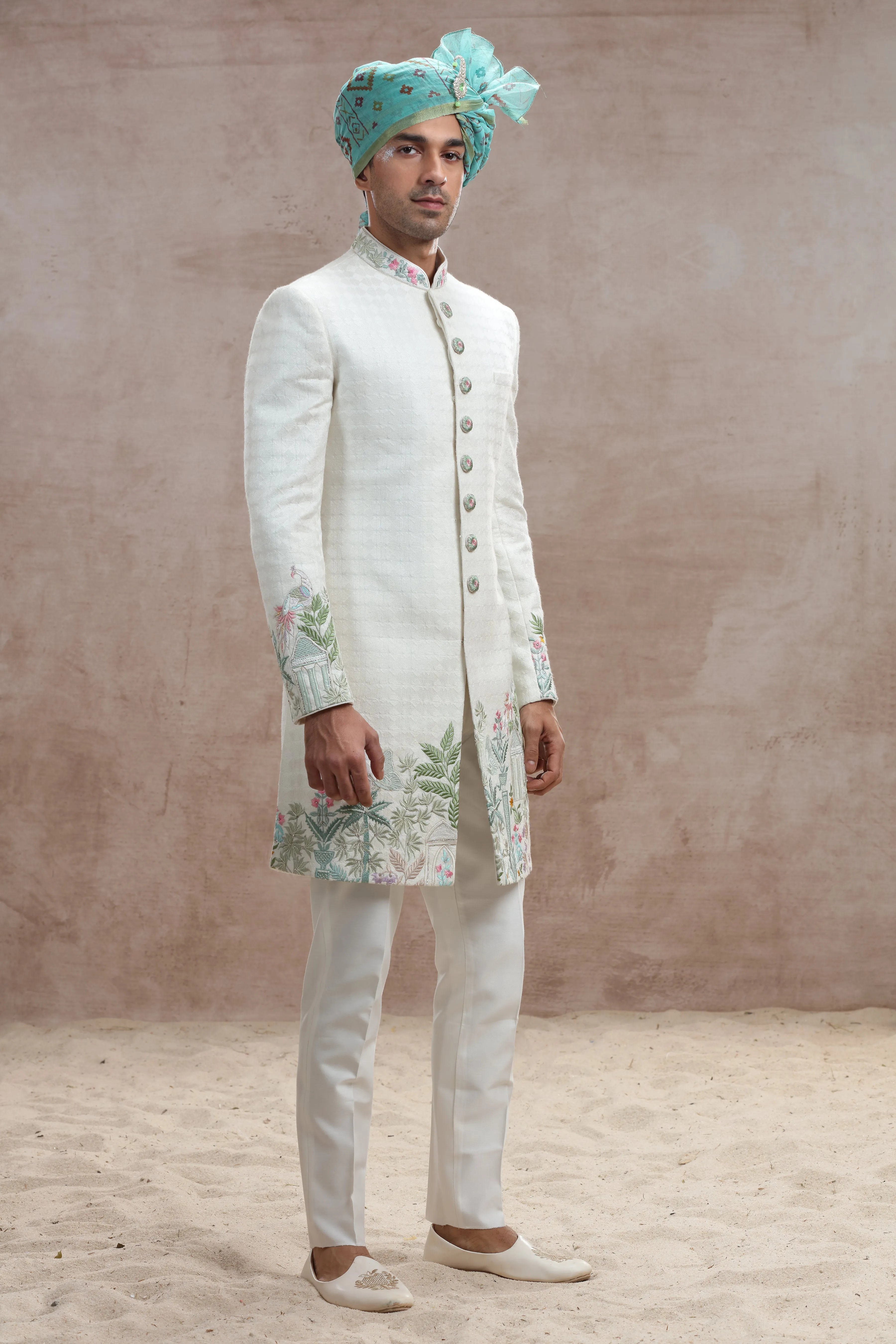 Ivory Silk Indo Western with Jungle-Themed Thread Work