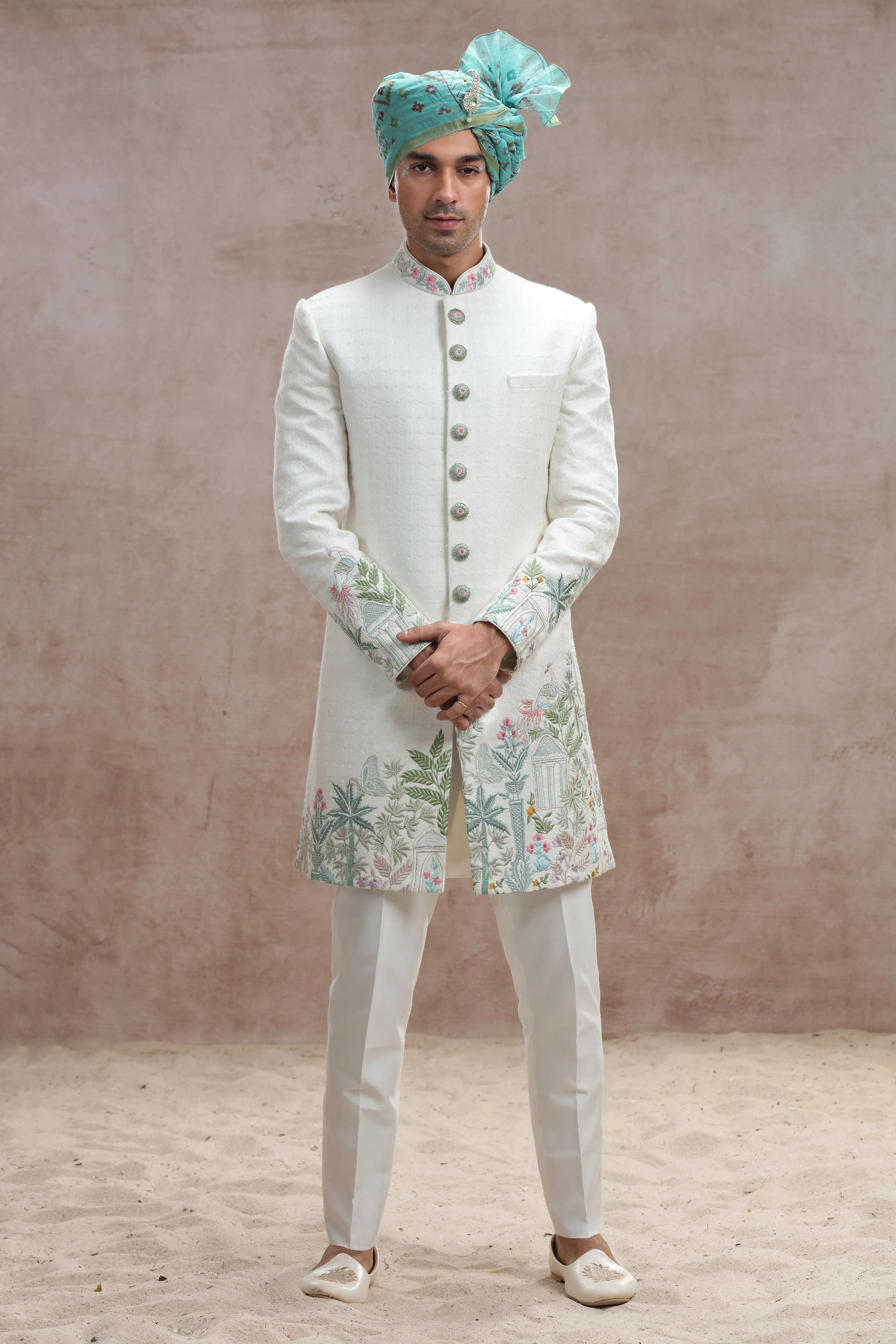 Ivory Silk Indo Western with Jungle-Themed Thread Work