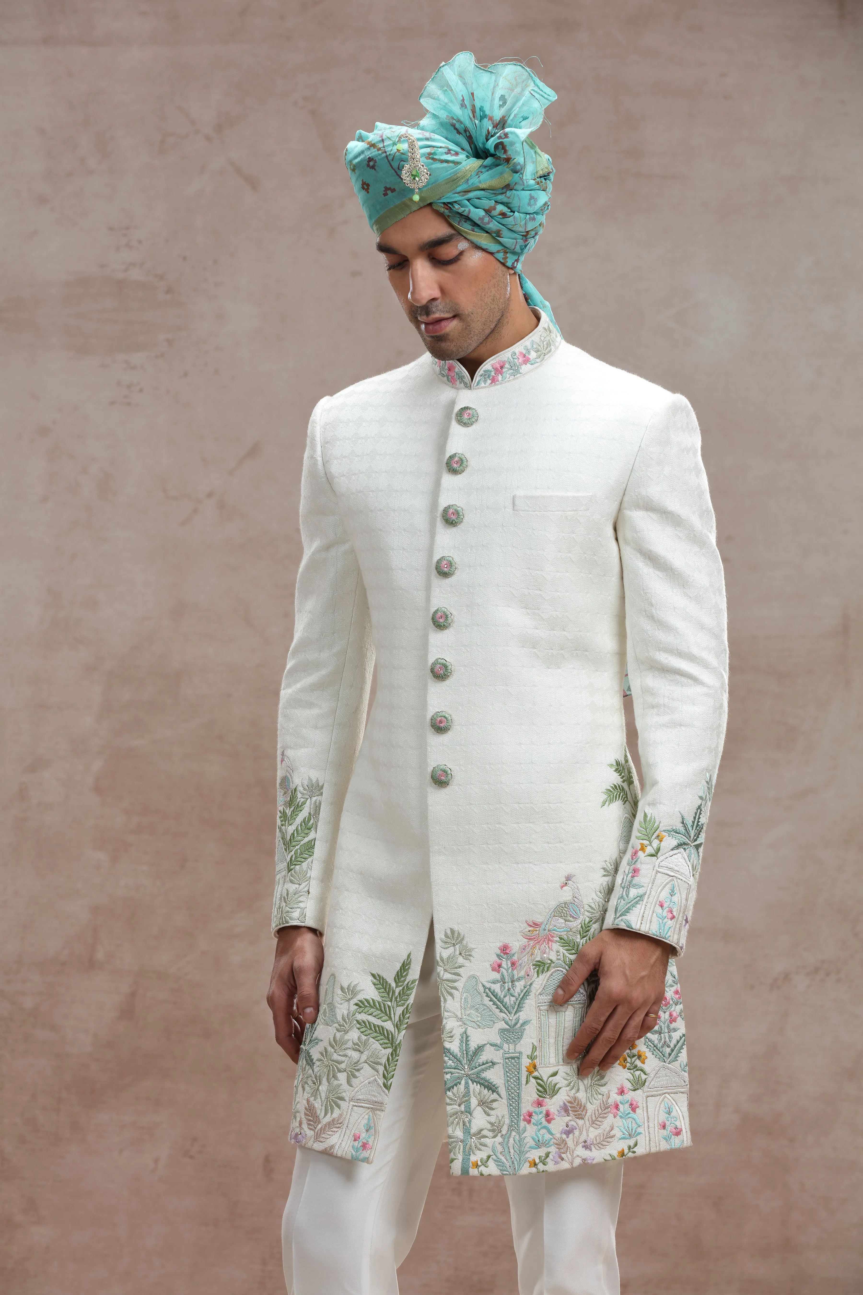 Ivory Silk Indo Western with Jungle-Themed Thread Work