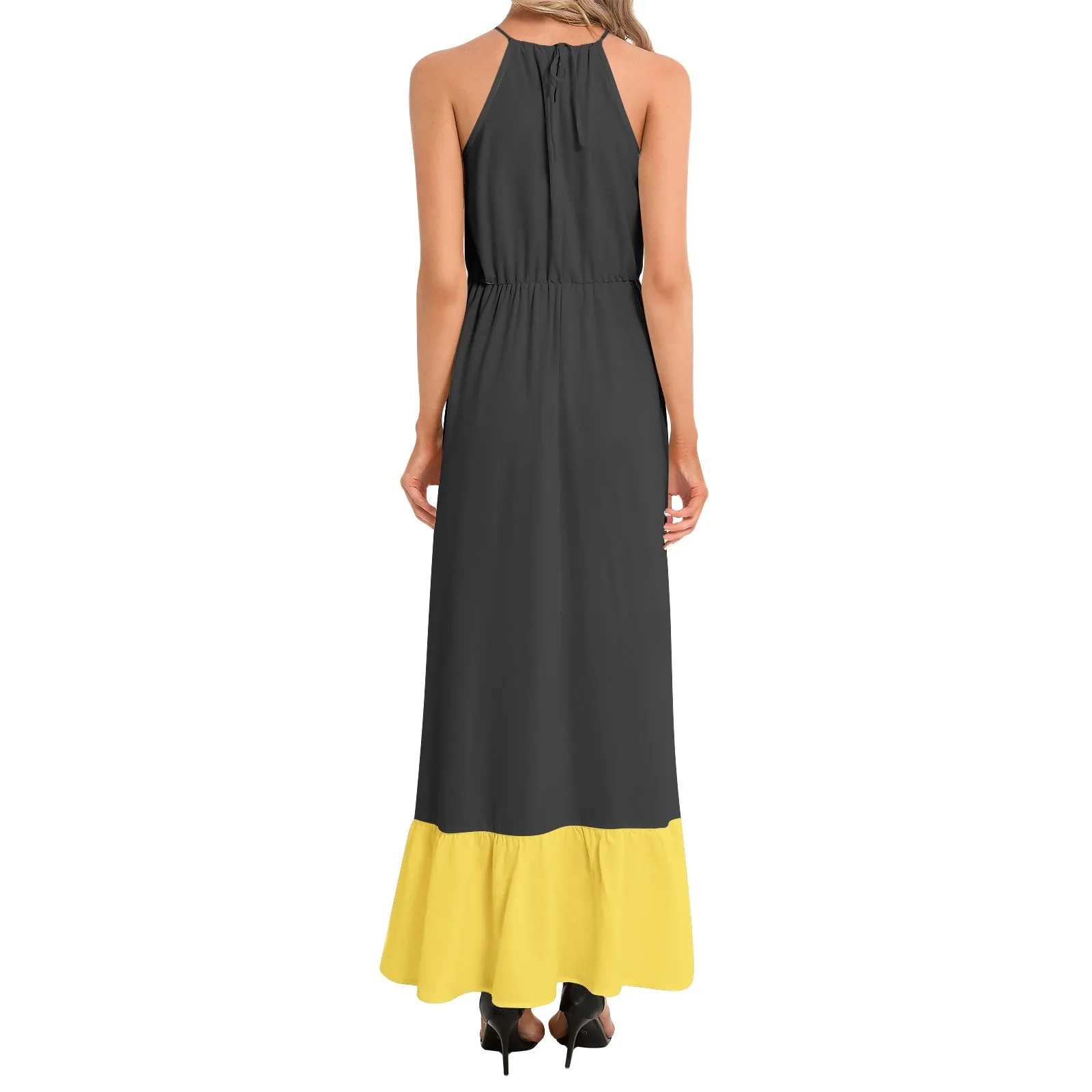 Jack O Lantern Ruffle Hem Halter Neck Maxi Dress