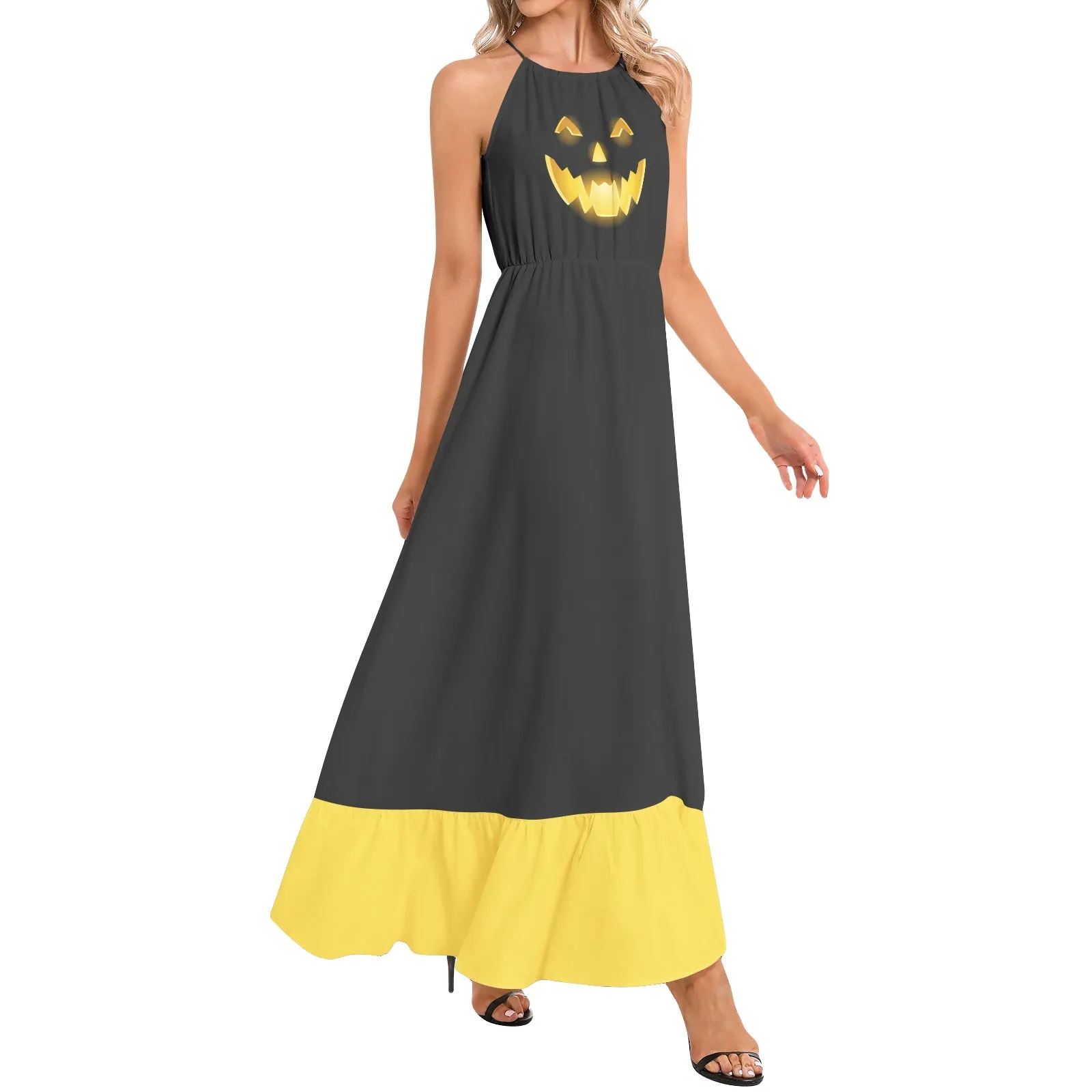 Jack O Lantern Ruffle Hem Halter Neck Maxi Dress