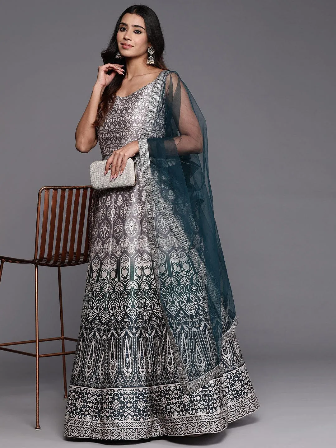 Jashvi Art Green Printed Silk Gown Dress With Dupatta