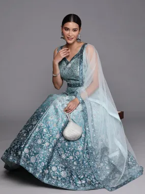 Jashvi Art Sea Green Printed Silk Gown Dress With Dupatta