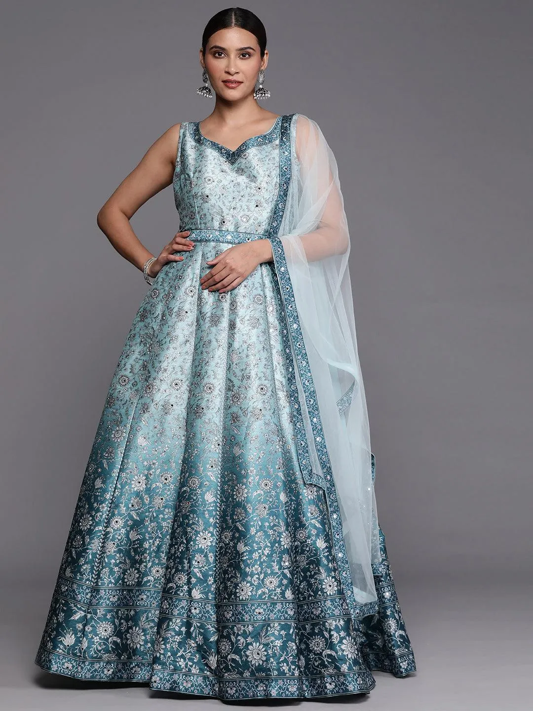 Jashvi Art Sea Green Printed Silk Gown Dress With Dupatta