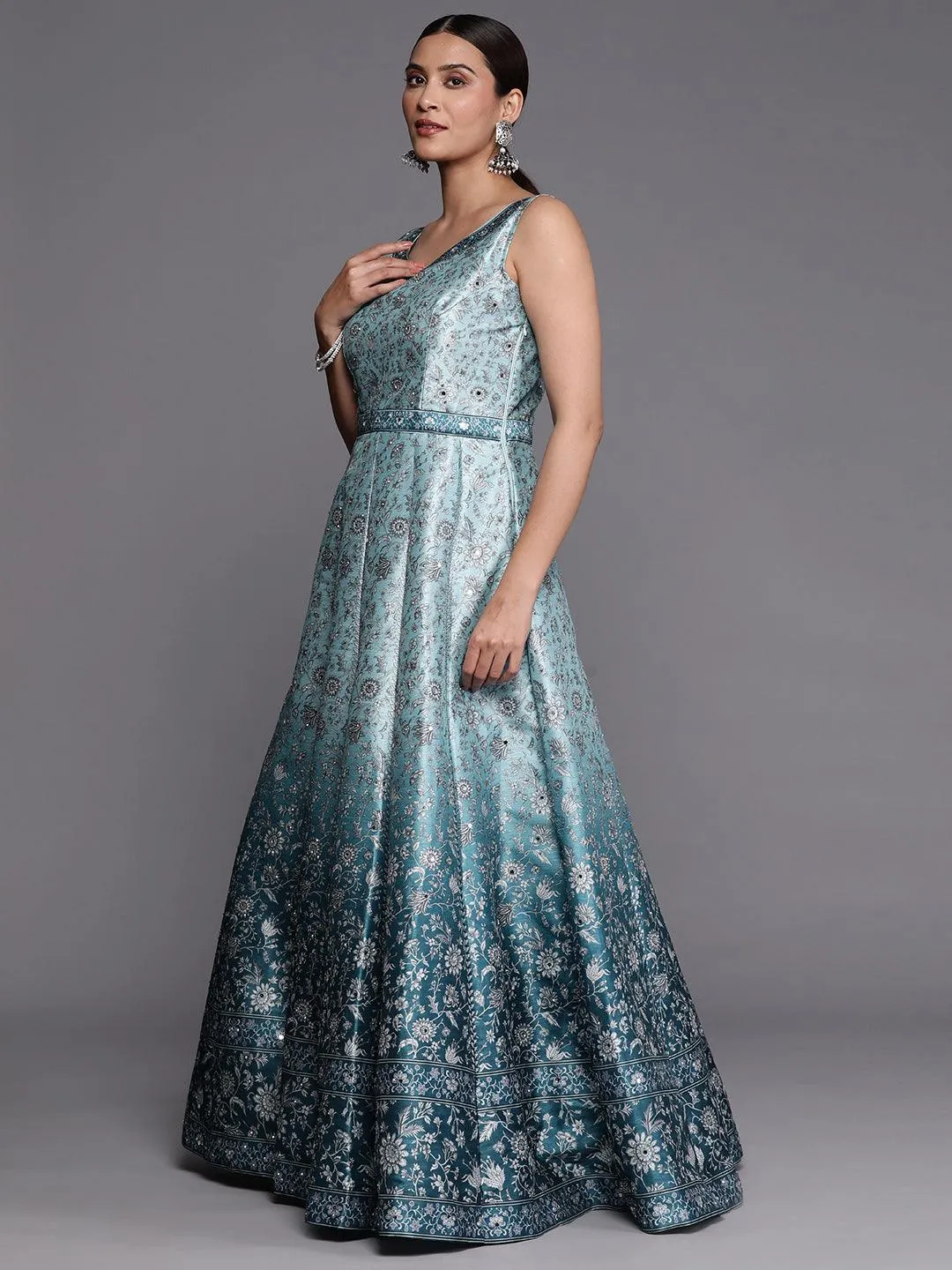 Jashvi Art Sea Green Printed Silk Gown Dress With Dupatta