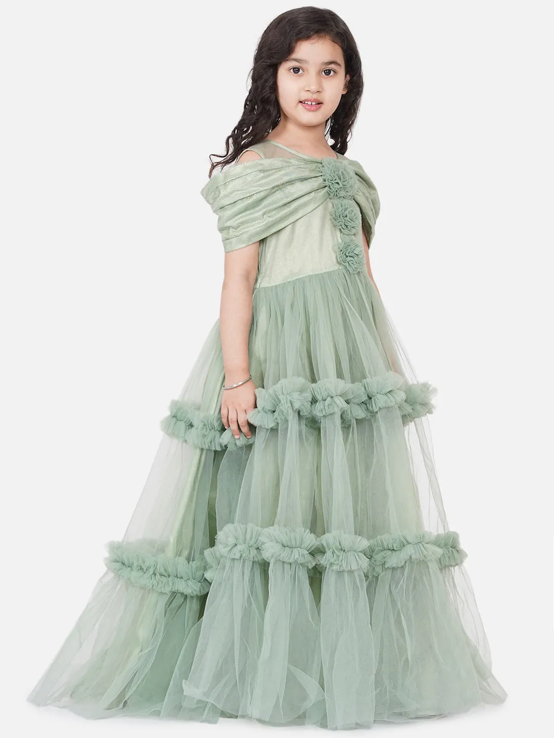 Jashvi Girls Green Embellished Net Fit & Flare Dress