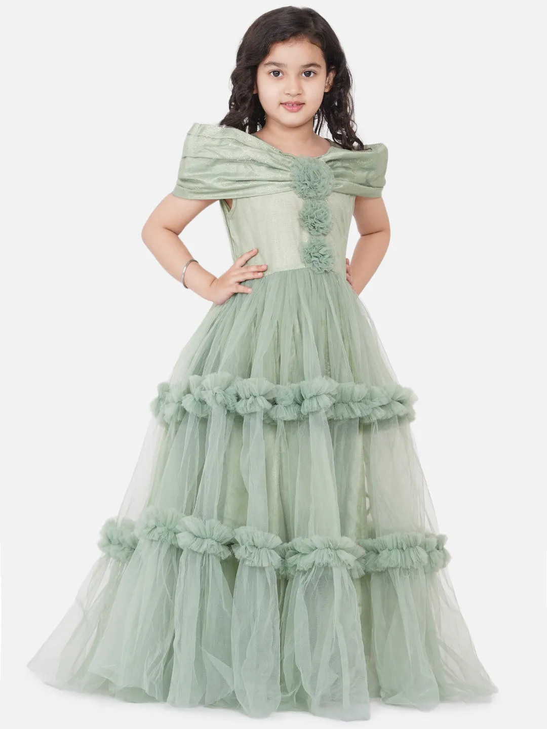 Jashvi Girls Green Embellished Net Fit & Flare Dress