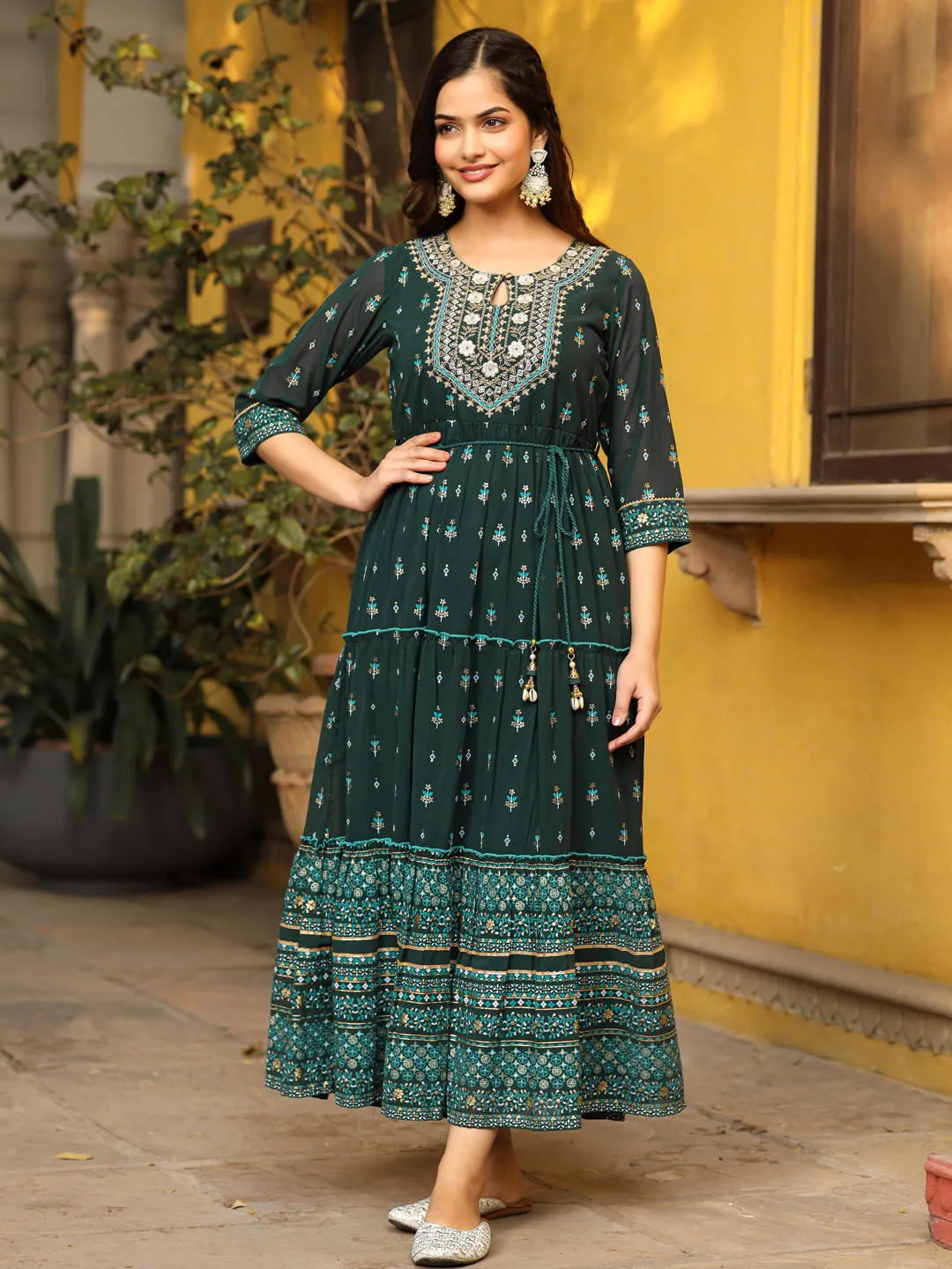 Jashvi Green Ethnic Motif Printed Georgette Maxi Dress & Dori With Thread Work