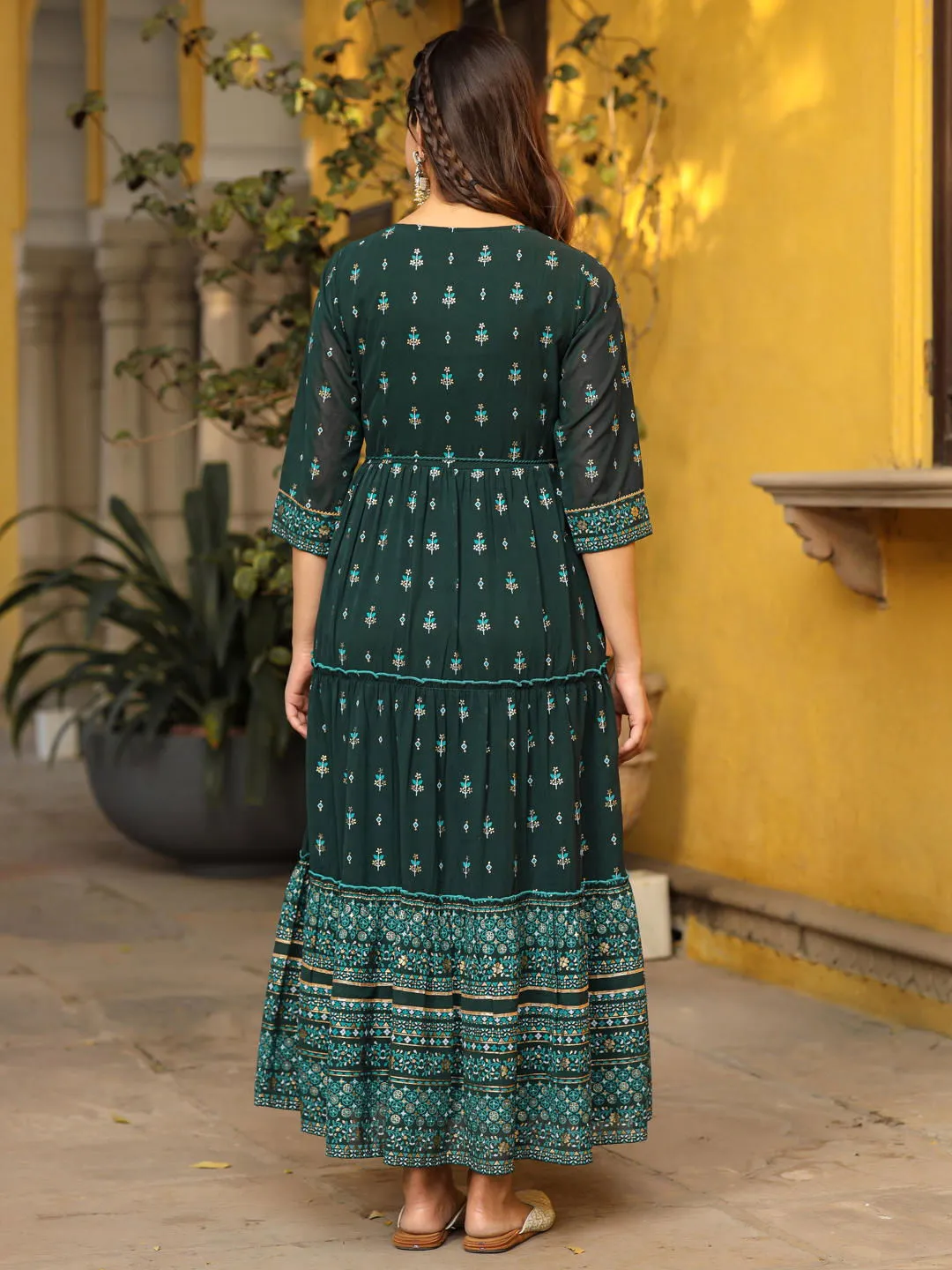 Jashvi Green Ethnic Motif Printed Georgette Maxi Dress & Dori With Thread Work