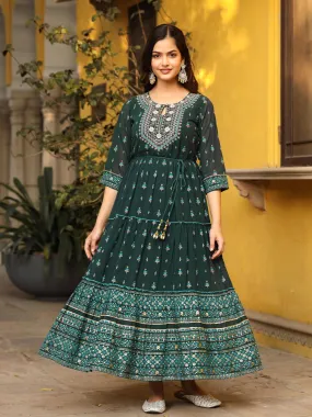 Jashvi Green Ethnic Motif Printed Georgette Maxi Dress & Dori With Thread Work