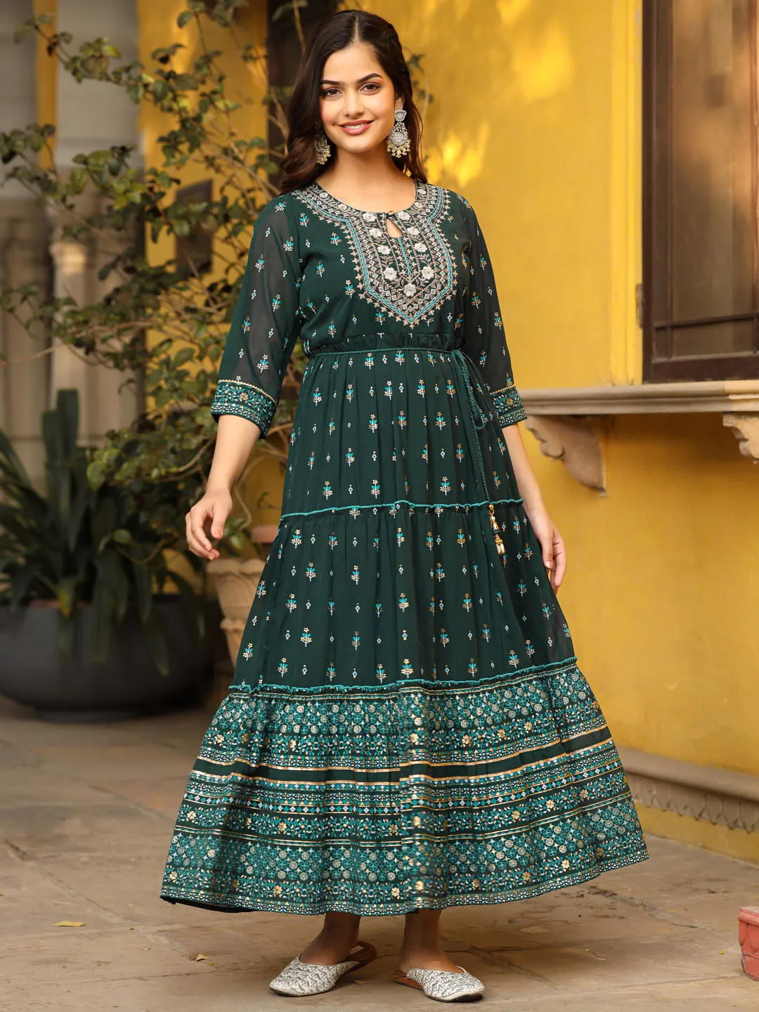 Jashvi Green Ethnic Motif Printed Georgette Maxi Dress & Dori With Thread Work