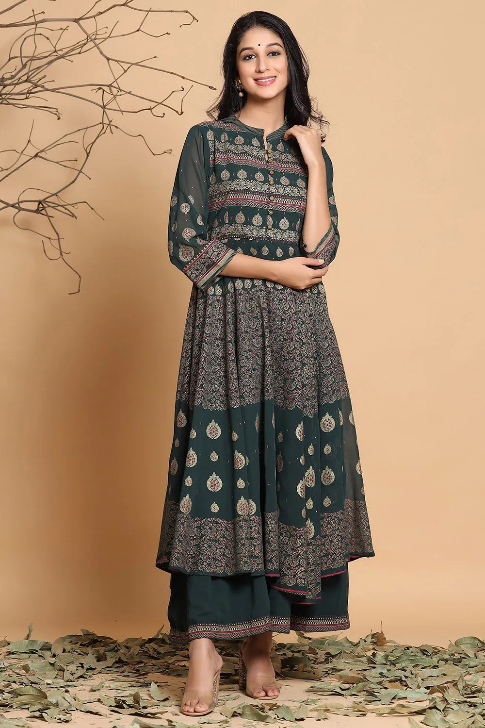 Jashvi Jade Green Ethnic Motif Printed Georgette Layered Maxi Dress