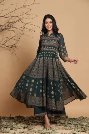 Jashvi Jade Green Ethnic Motif Printed Georgette Layered Maxi Dress