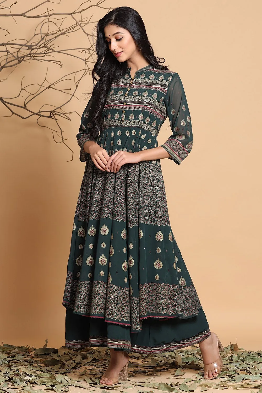 Jashvi Jade Green Ethnic Motif Printed Georgette Layered Maxi Dress