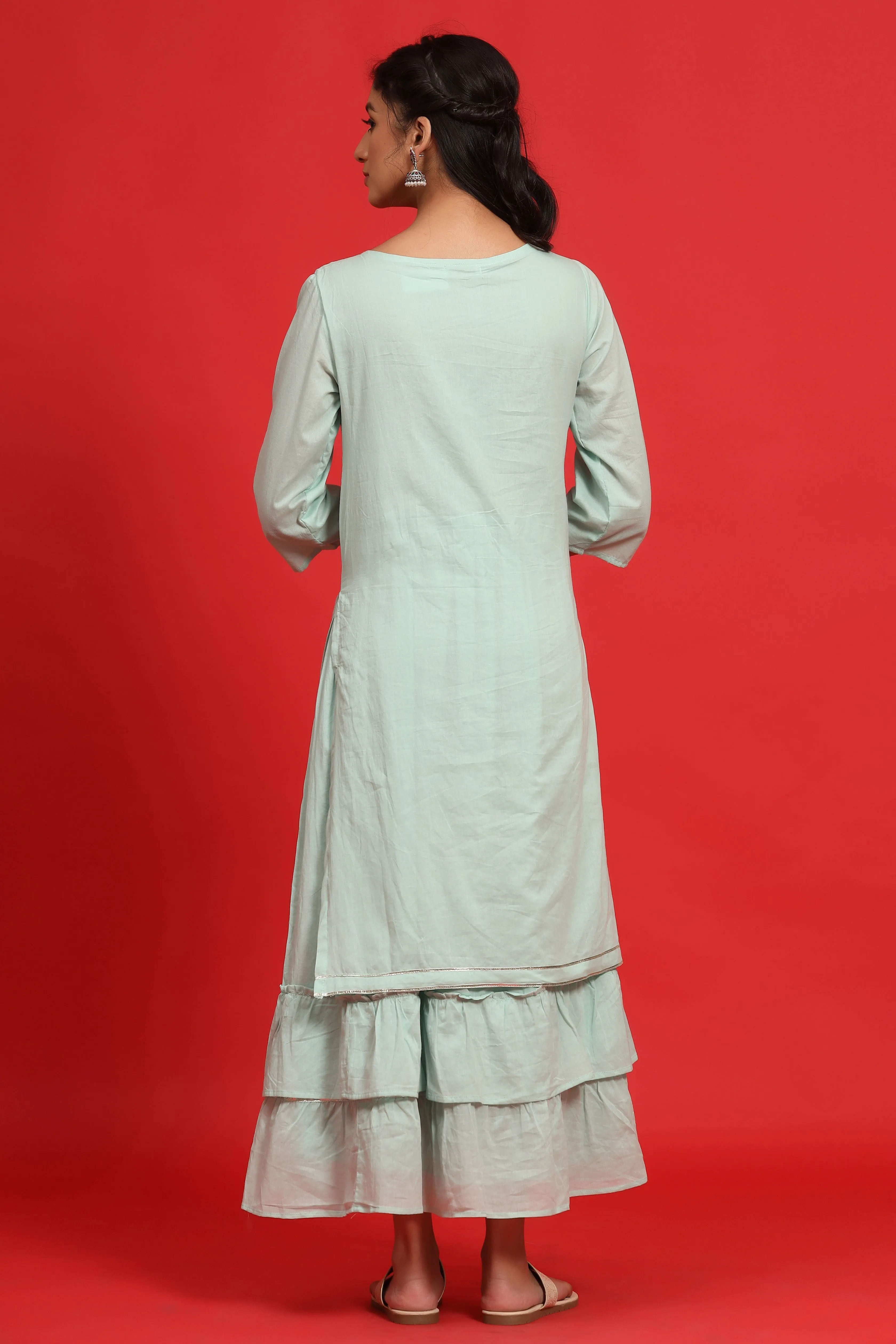 Jashvi Sage Green Cotton Embroidered Layered Maxi Dress With Dori Tassels