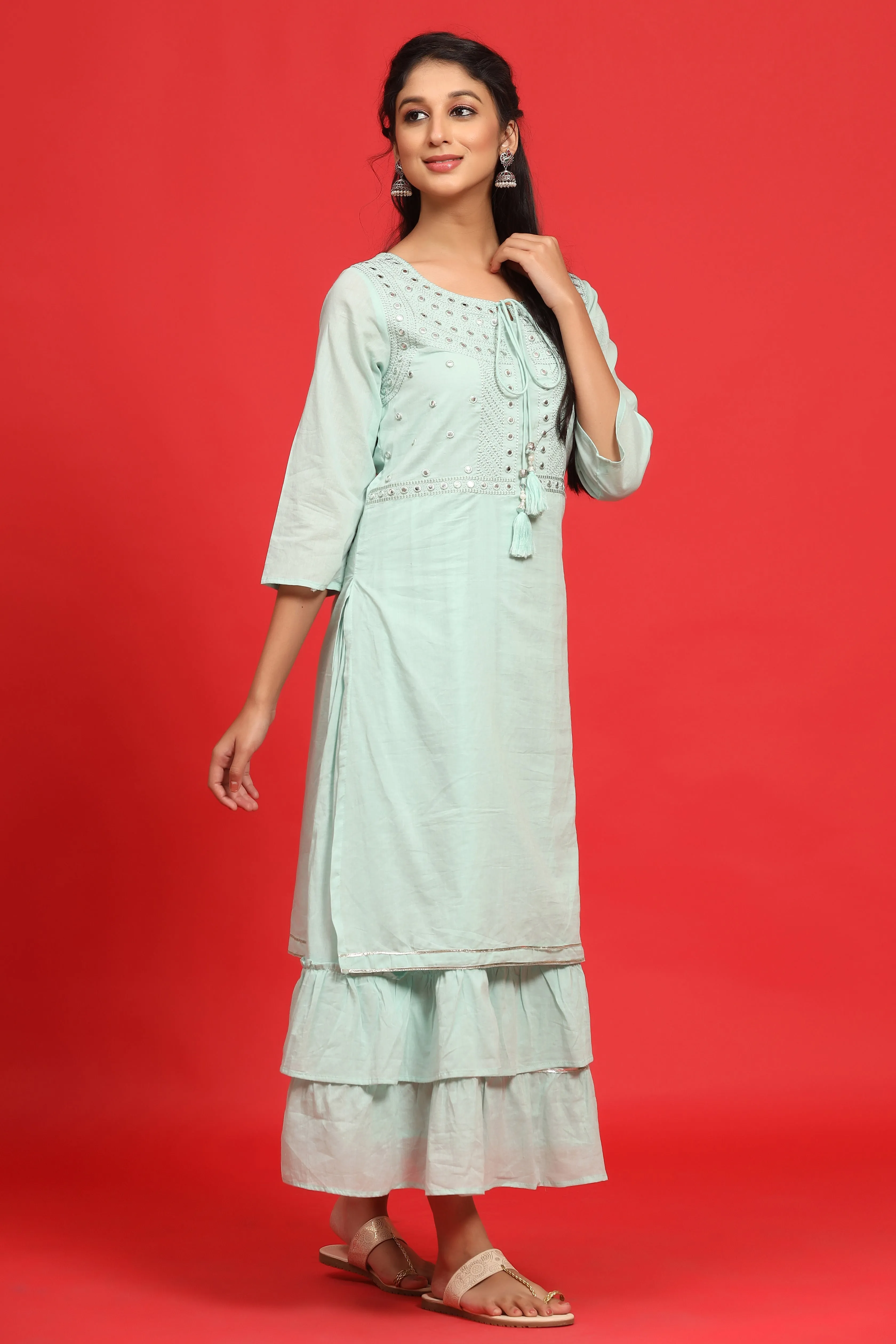 Jashvi Sage Green Cotton Embroidered Layered Maxi Dress With Dori Tassels