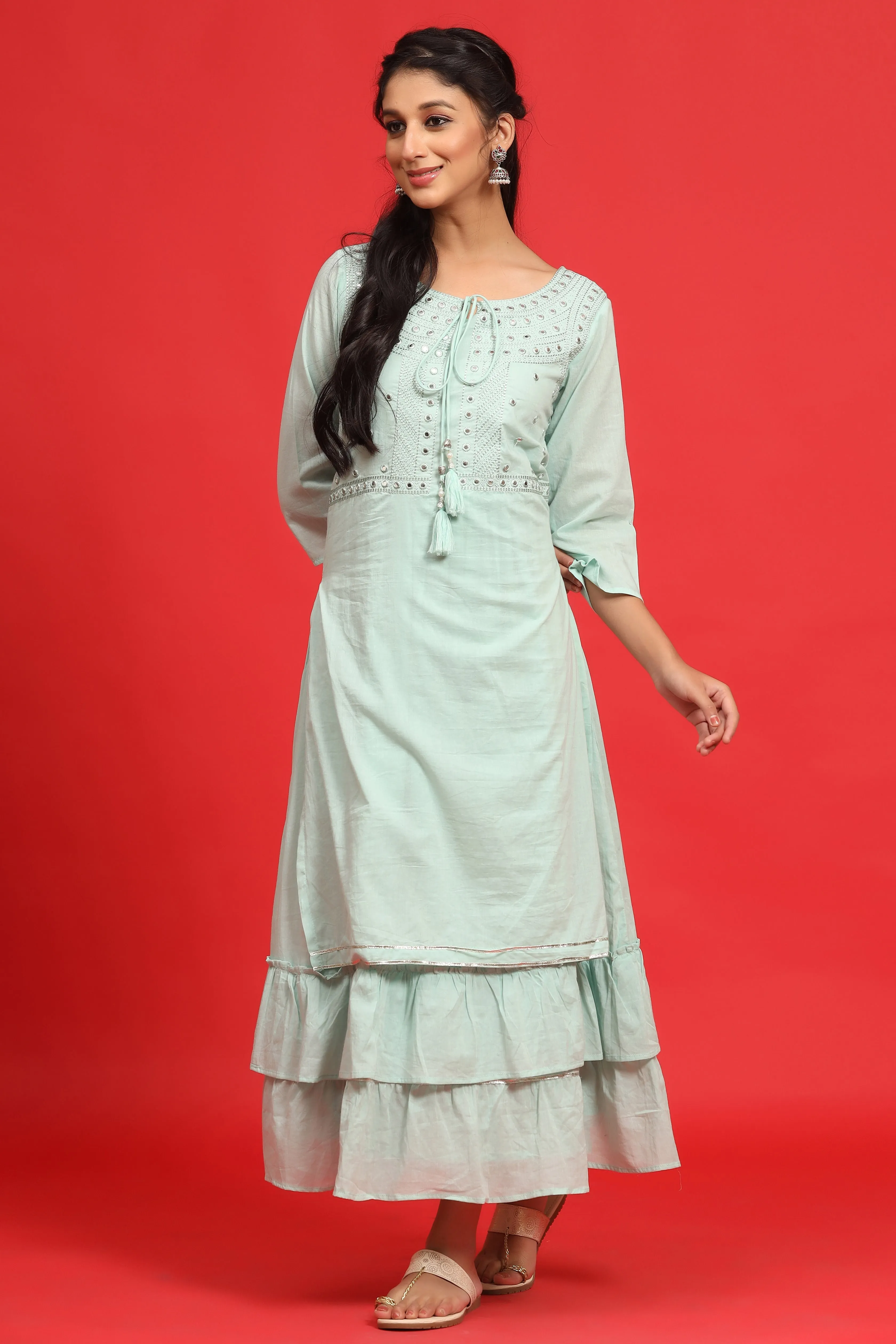 Jashvi Sage Green Cotton Embroidered Layered Maxi Dress With Dori Tassels