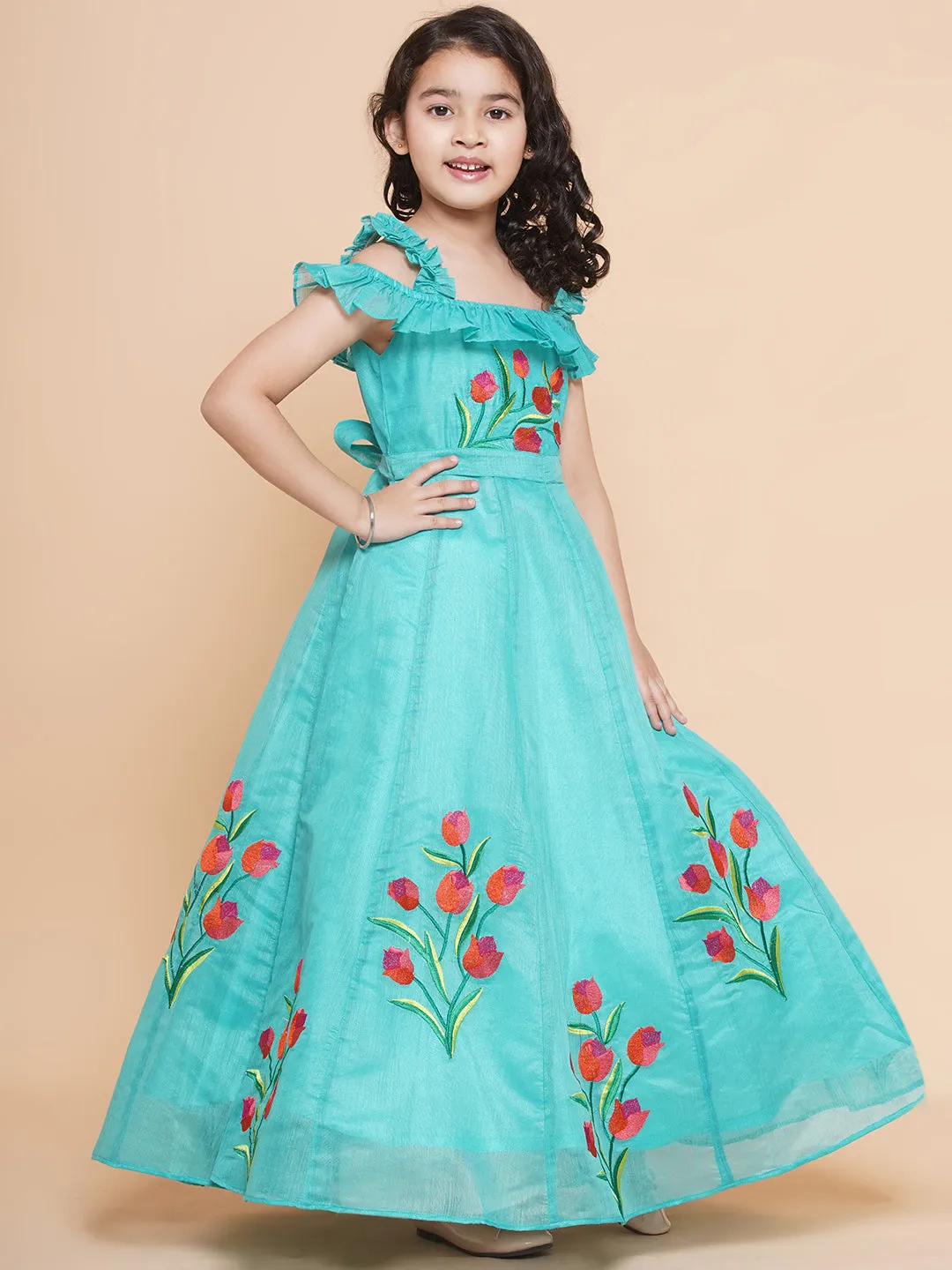 Jashvi Sea Green Floral Embroidered Maxi Dress