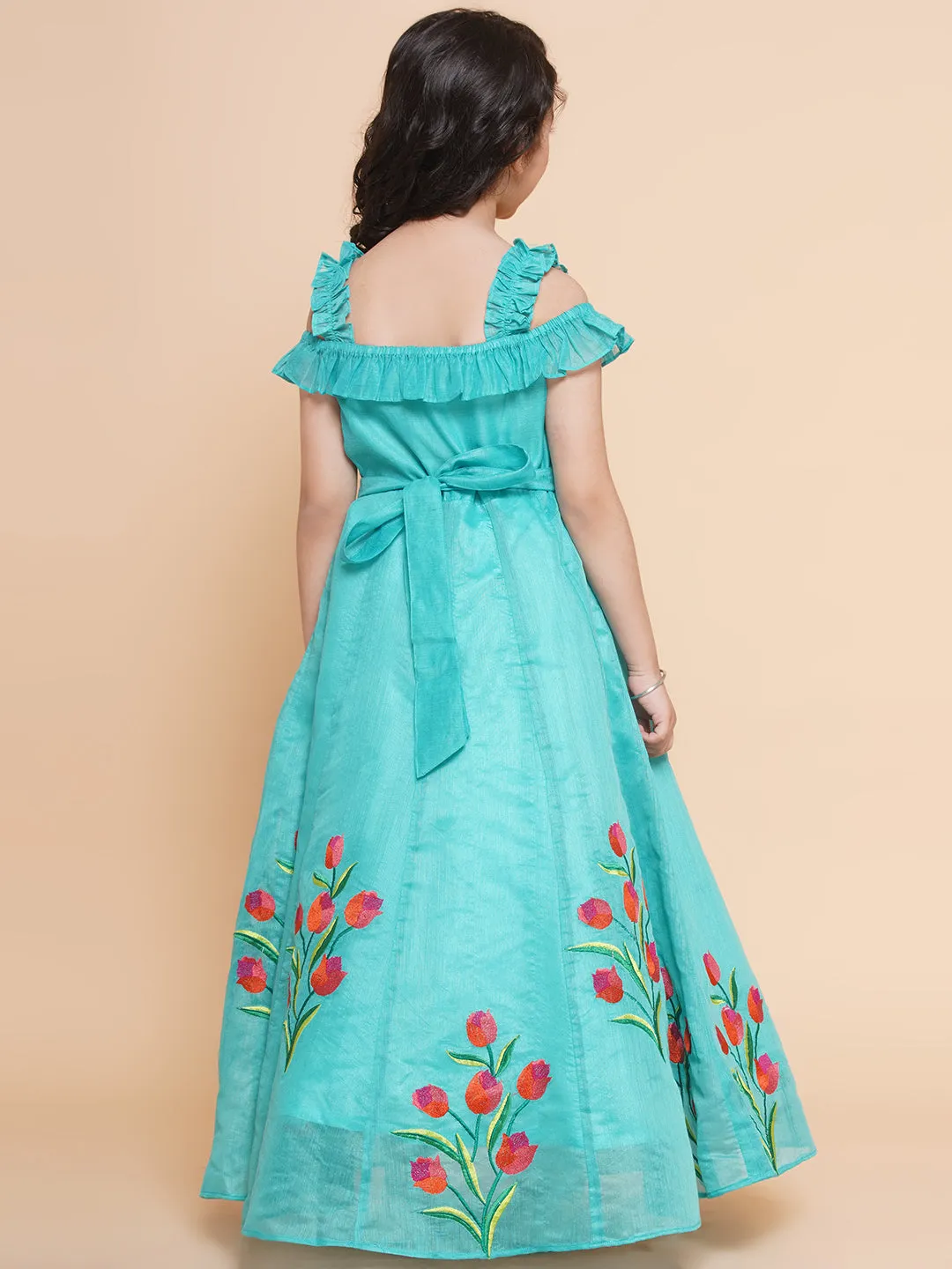 Jashvi Sea Green Floral Embroidered Maxi Dress