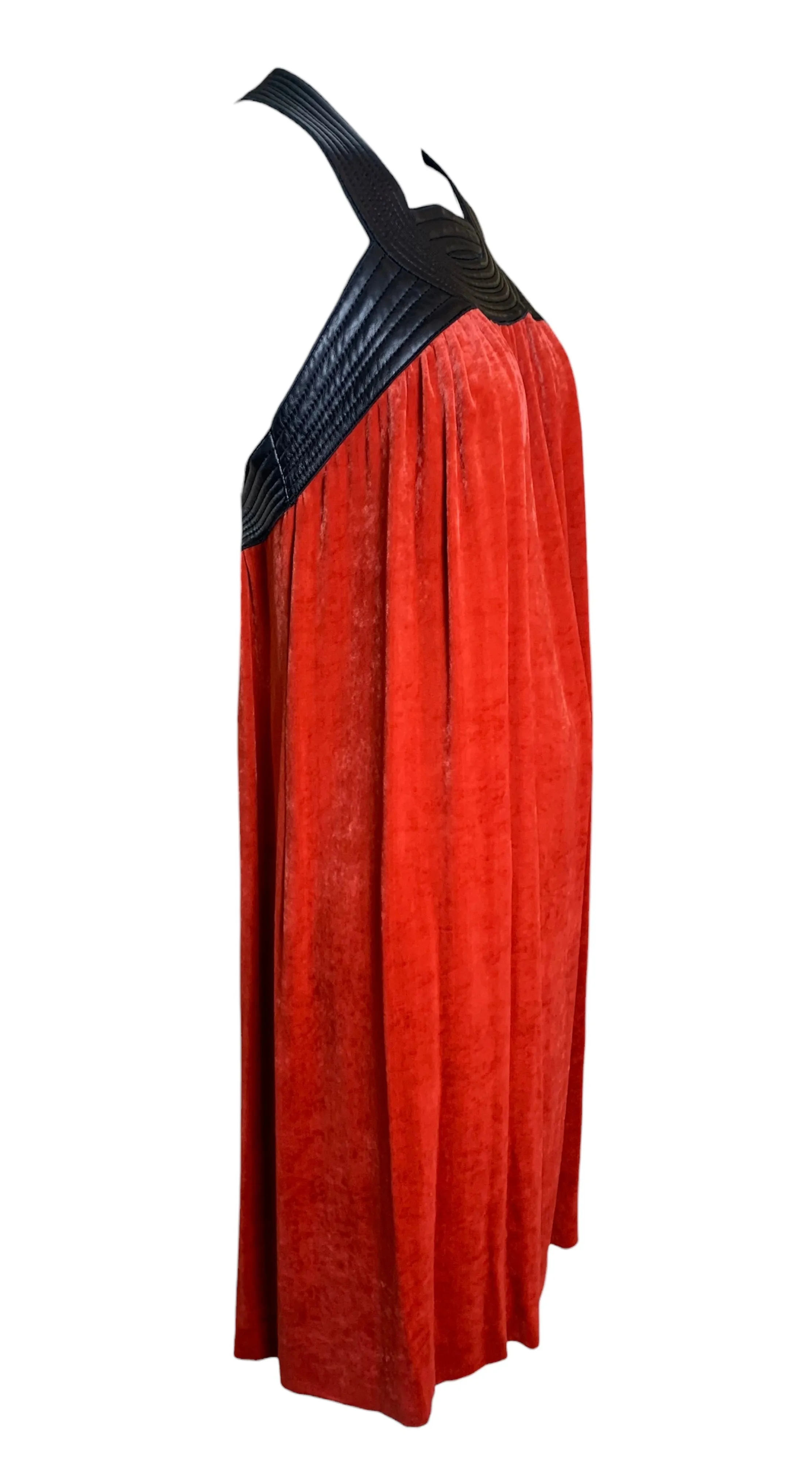 Jean Paul Gaultier Femme Scarlet Red Velvet Dress with Black Leather Yoke, NWT