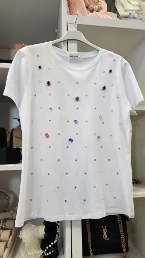 Jewelled Crystal Tee Shirt - White