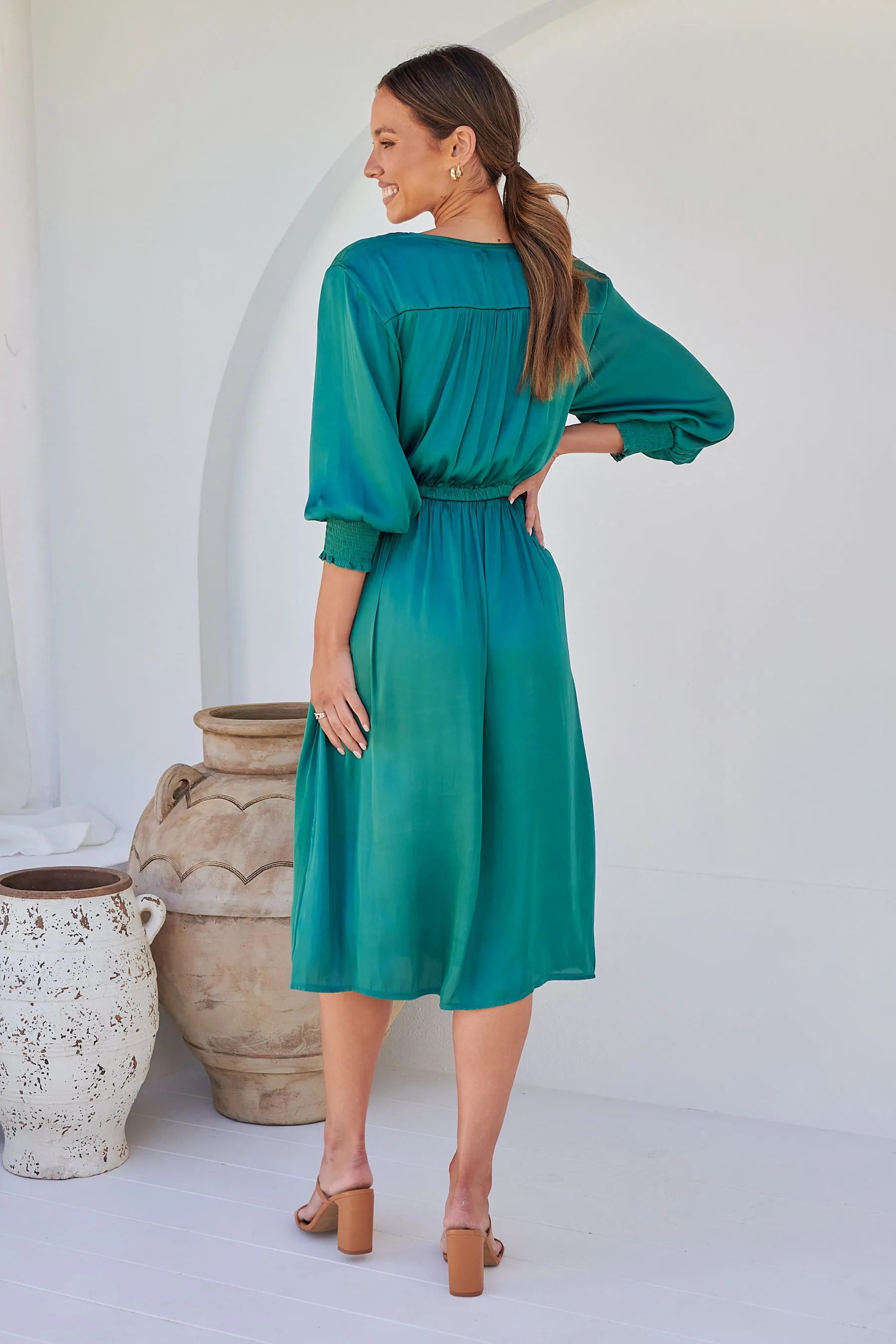 Jordan L/Sleeve Emerald Satin Dress