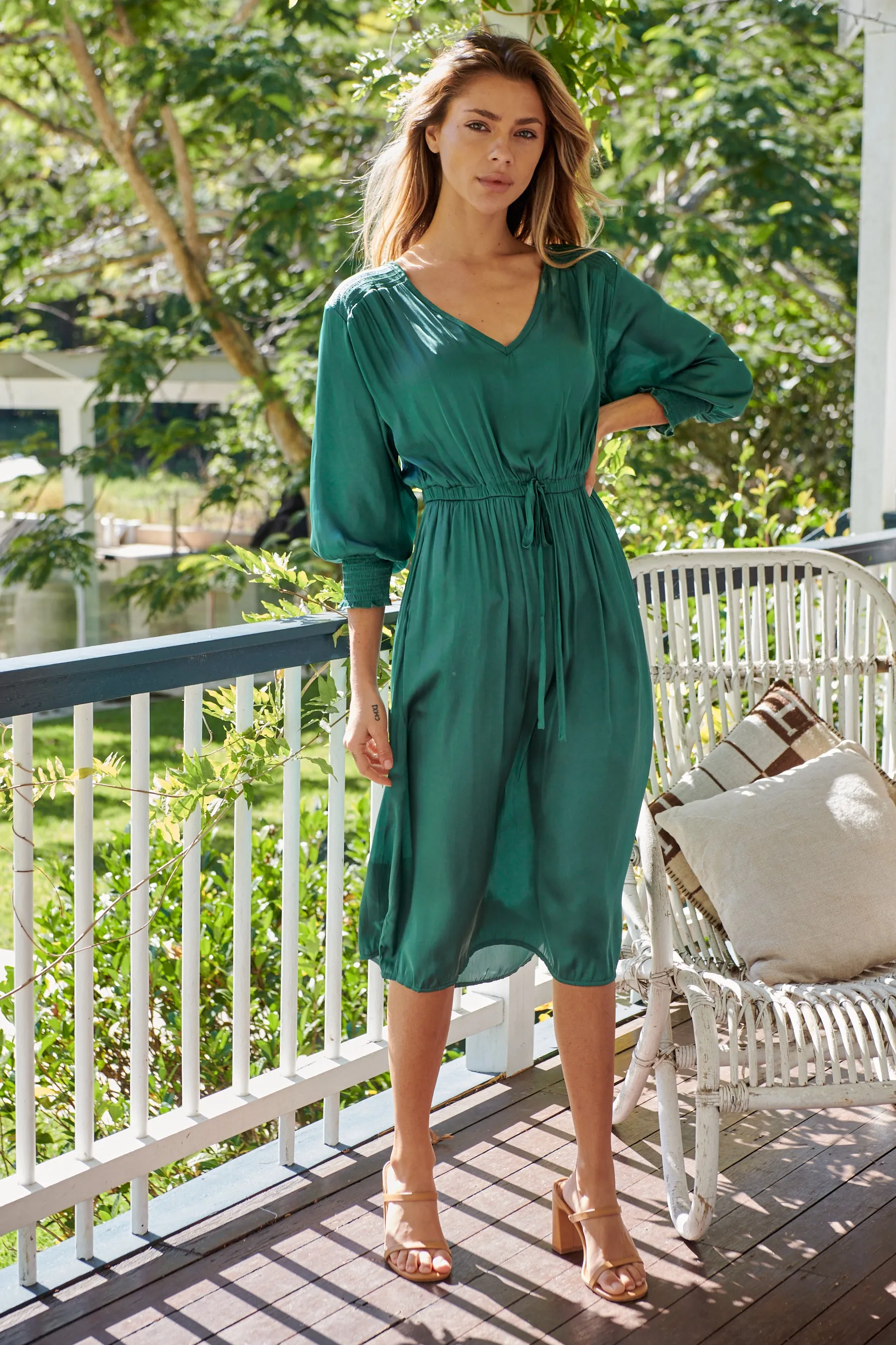 Jordan L/Sleeve Emerald Satin Dress