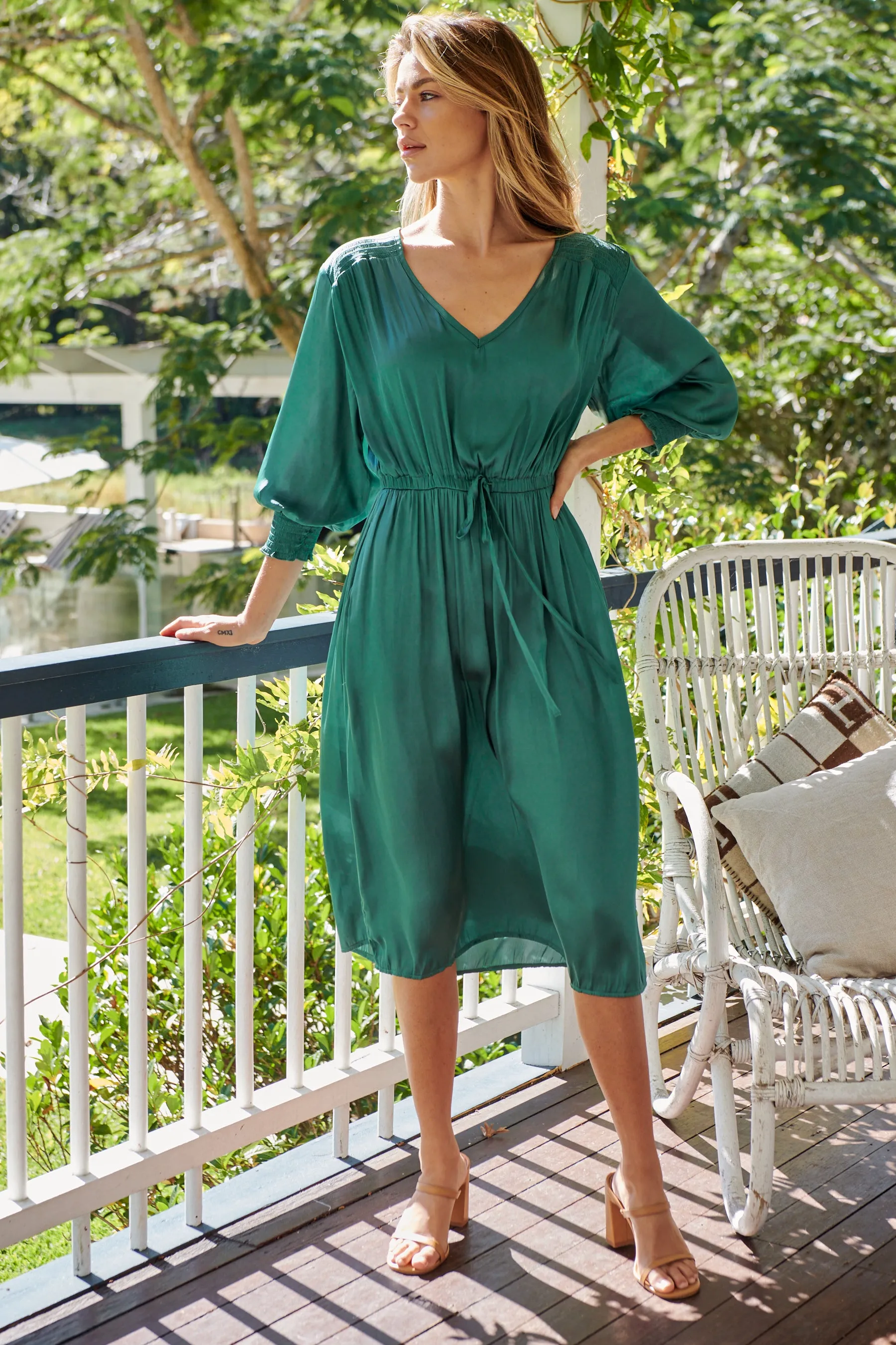 Jordan L/Sleeve Emerald Satin Dress