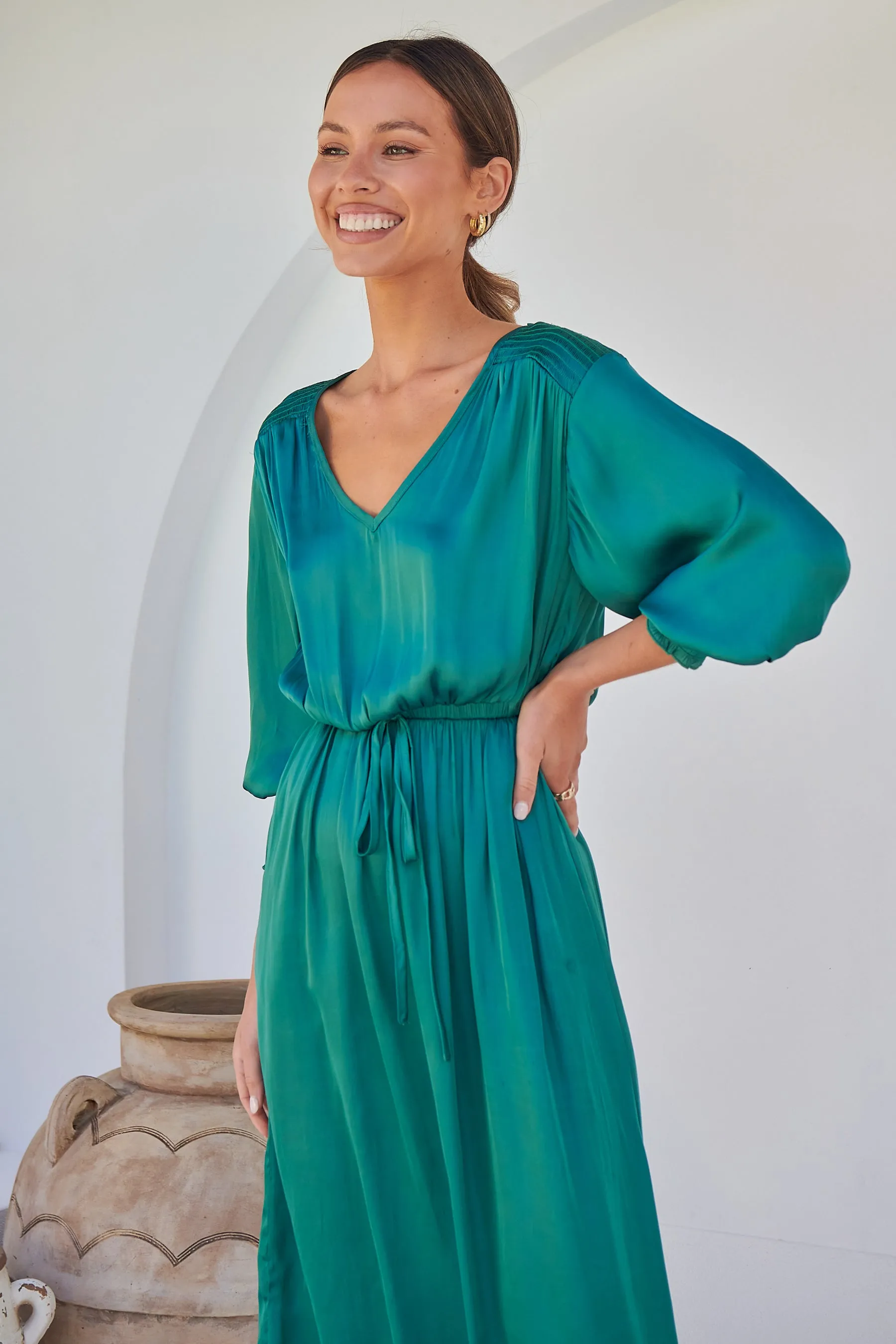 Jordan L/Sleeve Emerald Satin Dress