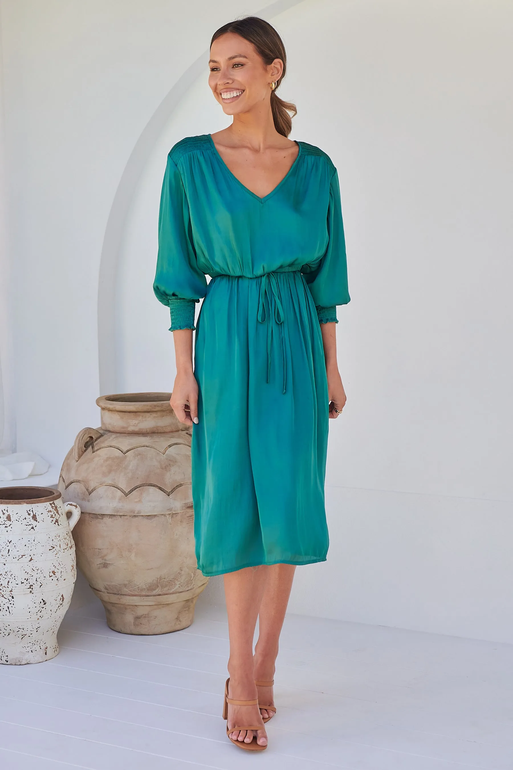 Jordan L/Sleeve Emerald Satin Dress