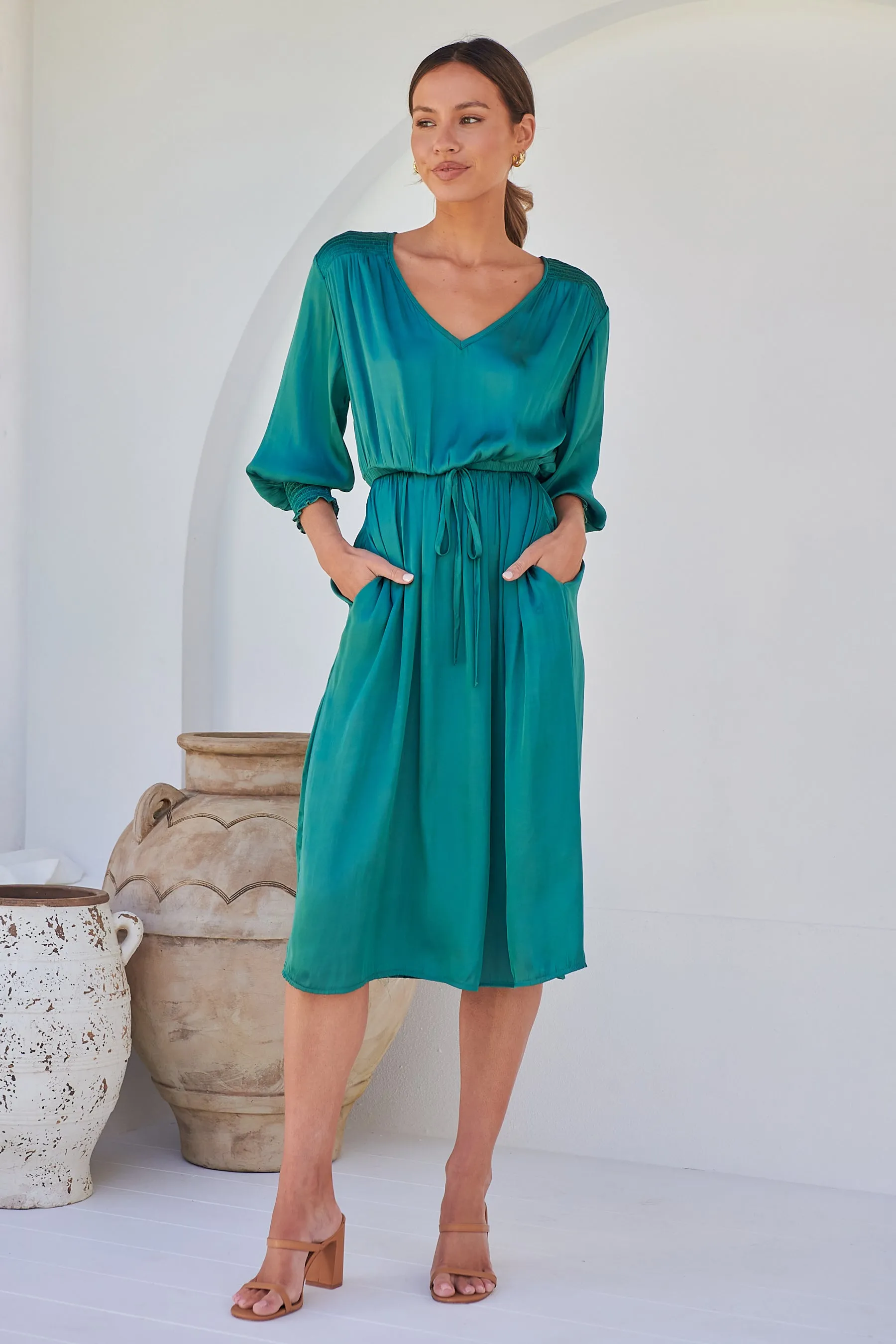 Jordan L/Sleeve Emerald Satin Dress