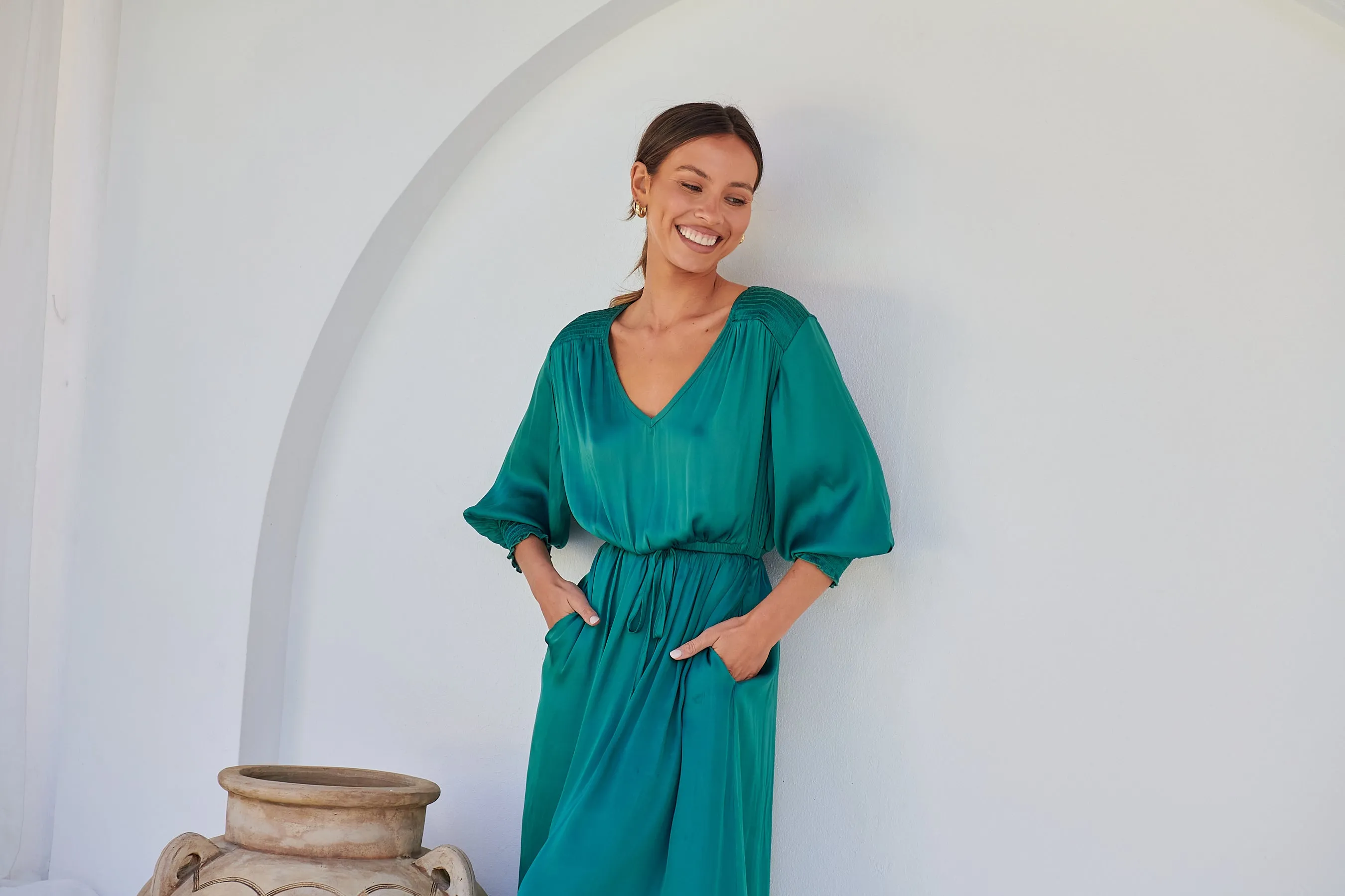 Jordan L/Sleeve Emerald Satin Dress