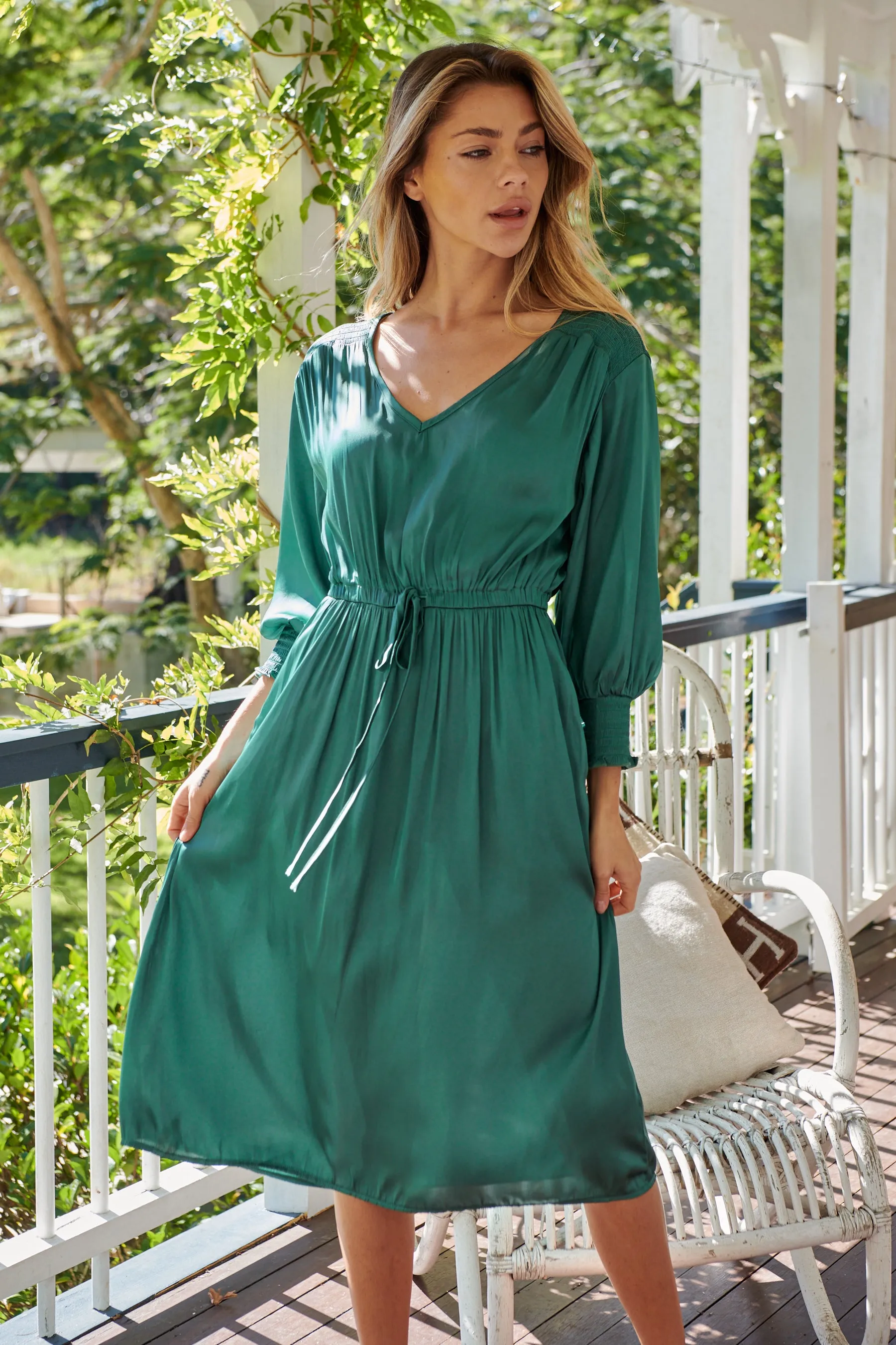 Jordan L/Sleeve Emerald Satin Dress