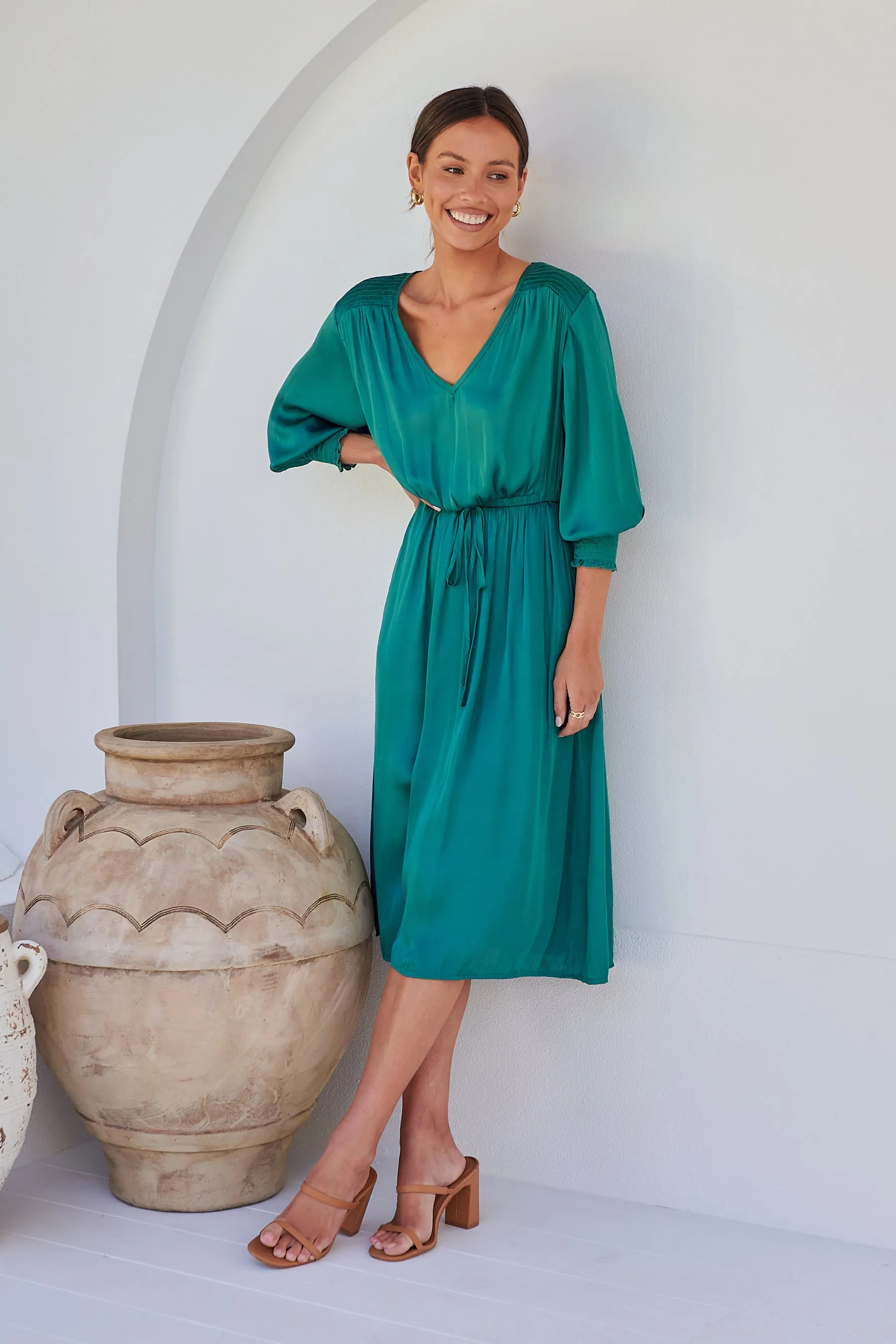 Jordan L/Sleeve Emerald Satin Dress