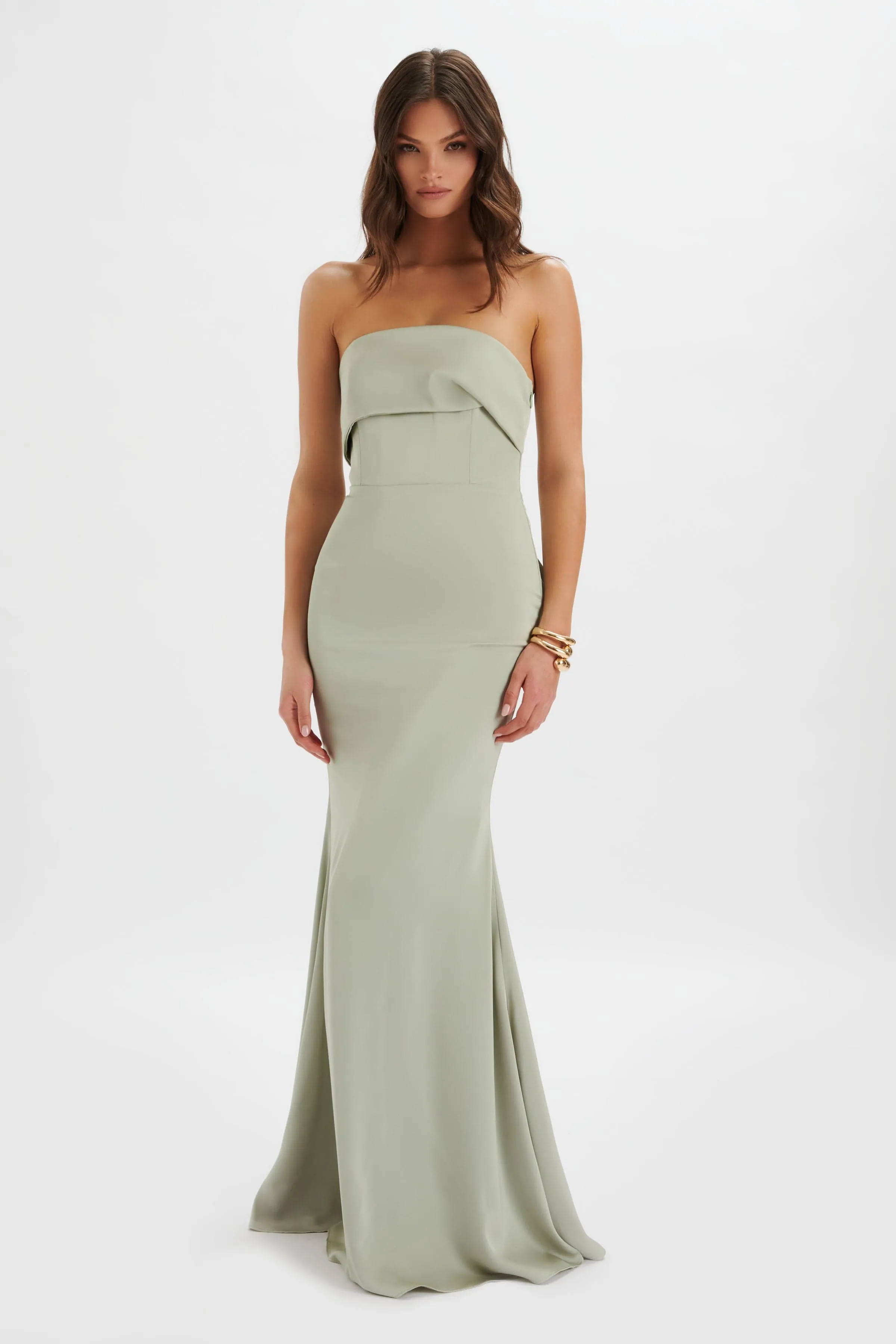 JOVIE Bow Detail Bandeau Satin Maxi Dress in Sage Green