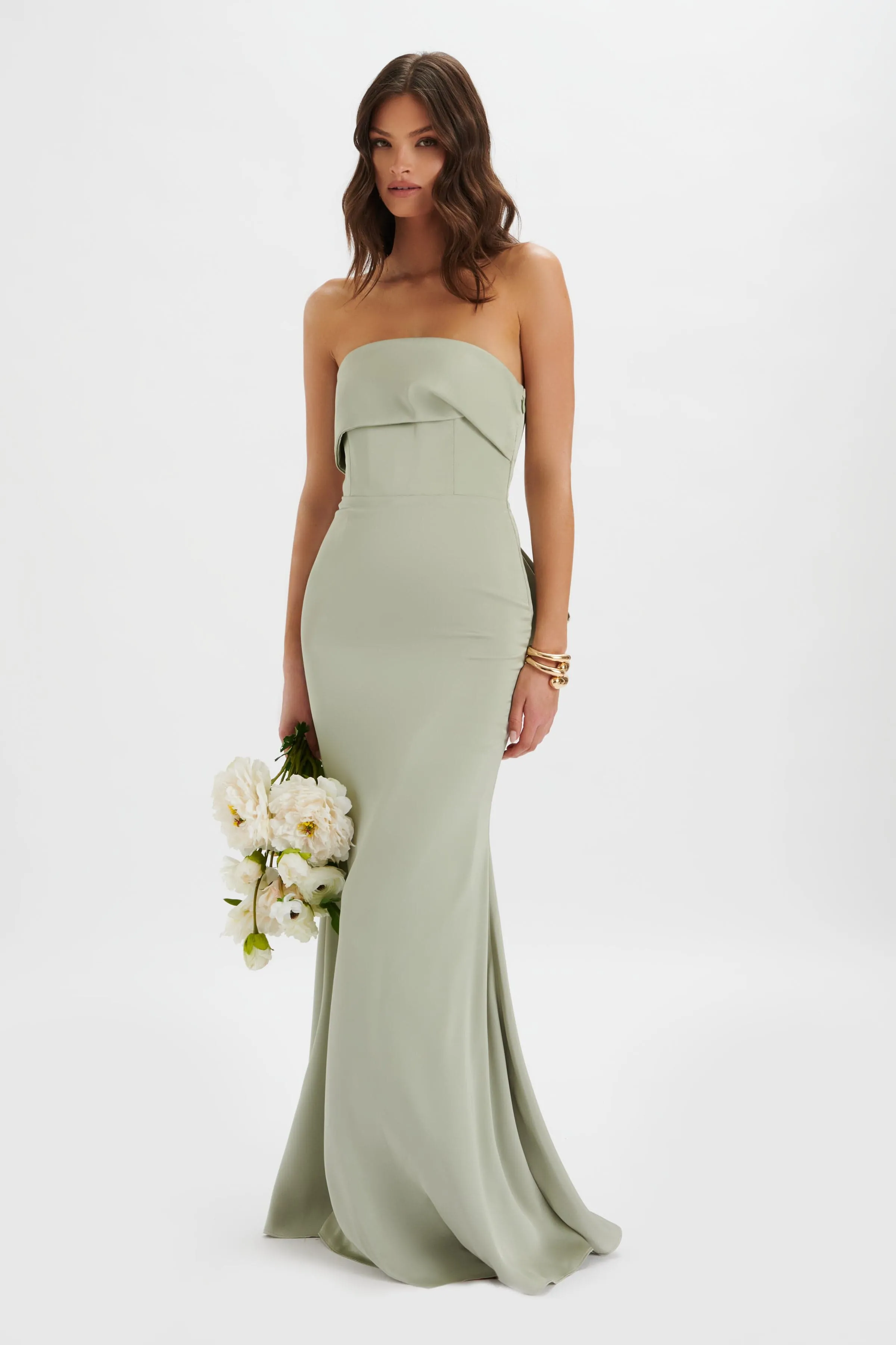 JOVIE Bow Detail Bandeau Satin Maxi Dress in Sage Green