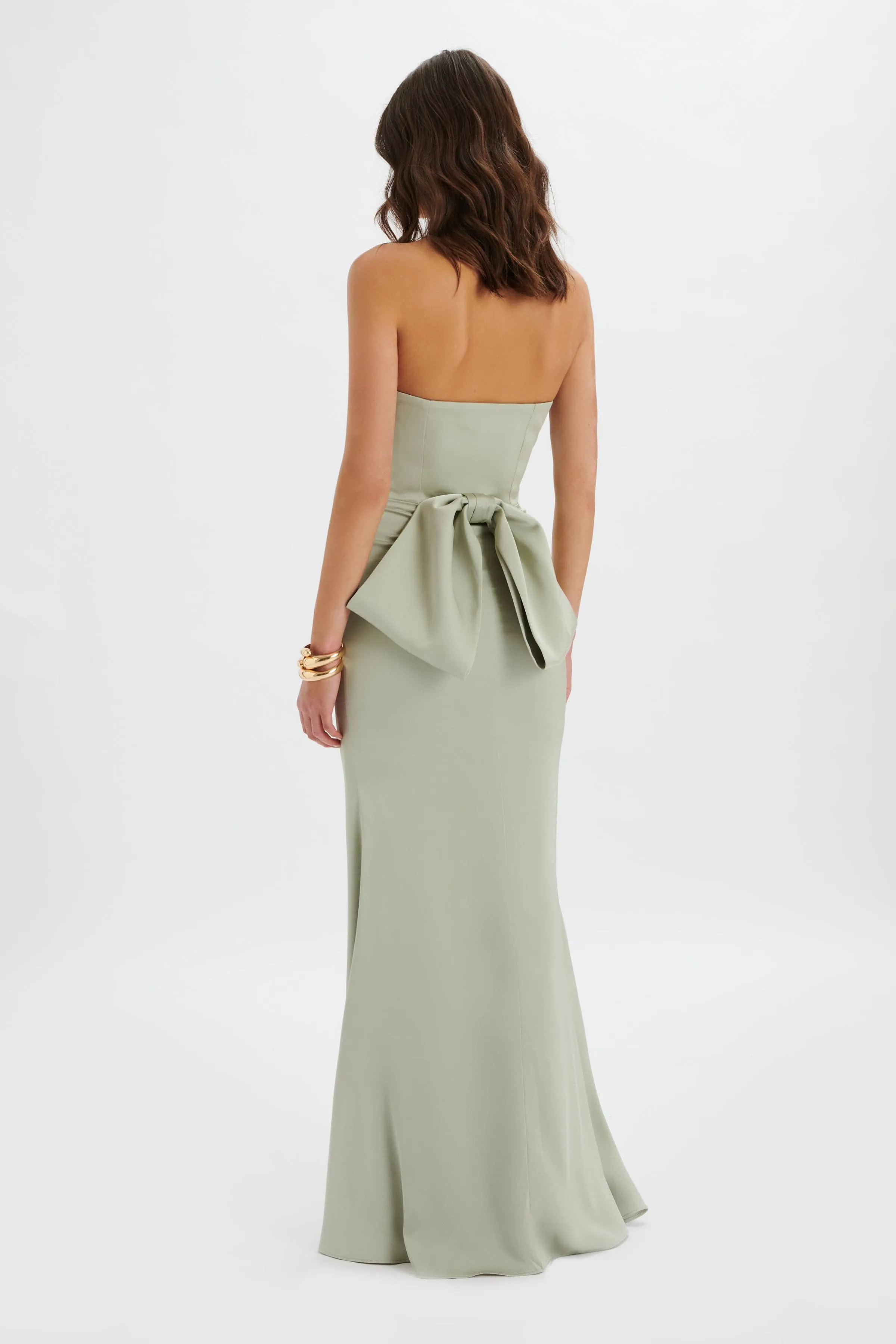 JOVIE Bow Detail Bandeau Satin Maxi Dress in Sage Green