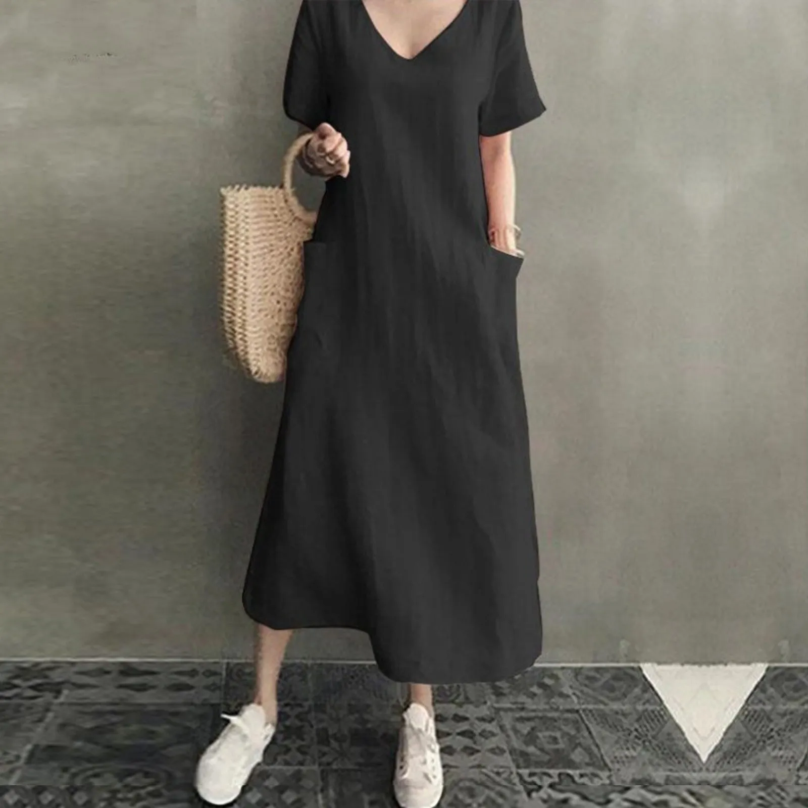 JuliaFashion - 2024 Summer Casual Linen Pocket Maxi Dress