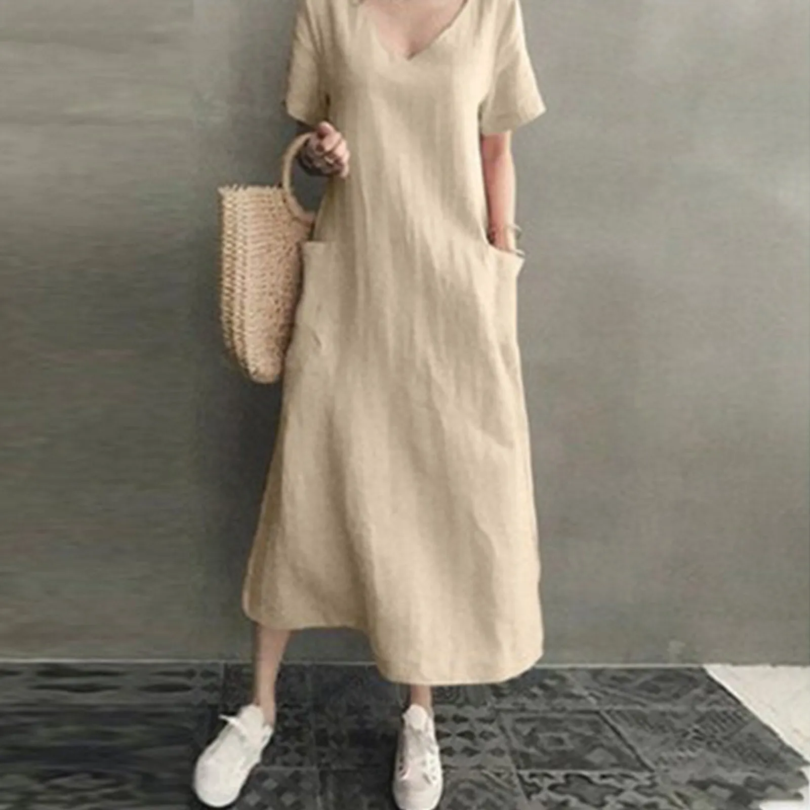 JuliaFashion - 2024 Summer Casual Linen Pocket Maxi Dress