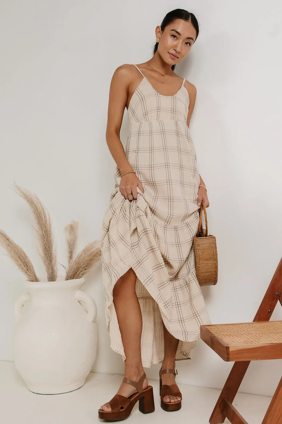 Kendall Plaid Dress in Taupe