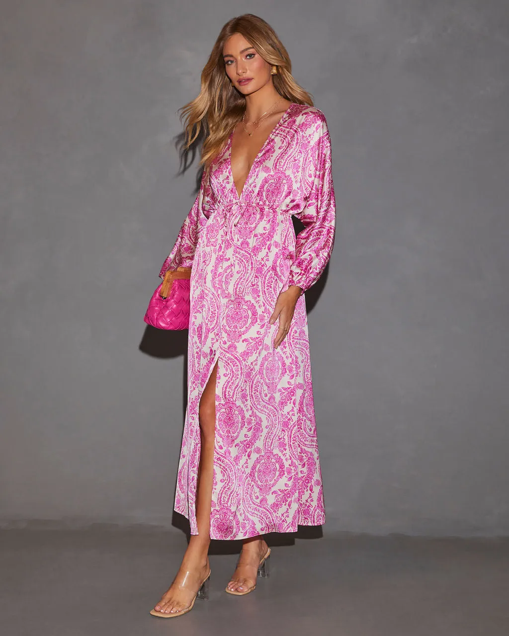 Korina Satin Printed Kimono Empire Waist Maxi Dress