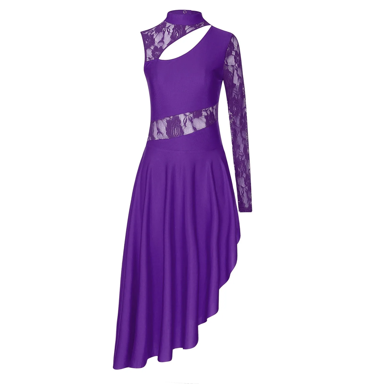 #L8801 Womens Lyrical Dance Dress- Sheer Lace Long Sleeve Modern Contempory Performance Costume